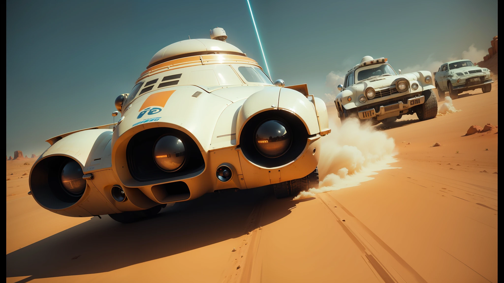 there are three cars driving in the desert with a man on the back, star wars digital art, pixar. octane render, spaceships flying in background, robotic pig, racers, featured on vimeo, promotional image, playable trailer, google logo, anamorphic, caravan, by Werner Tübke, by Richmond Barthé, 1 9 7 0 s sci - fi