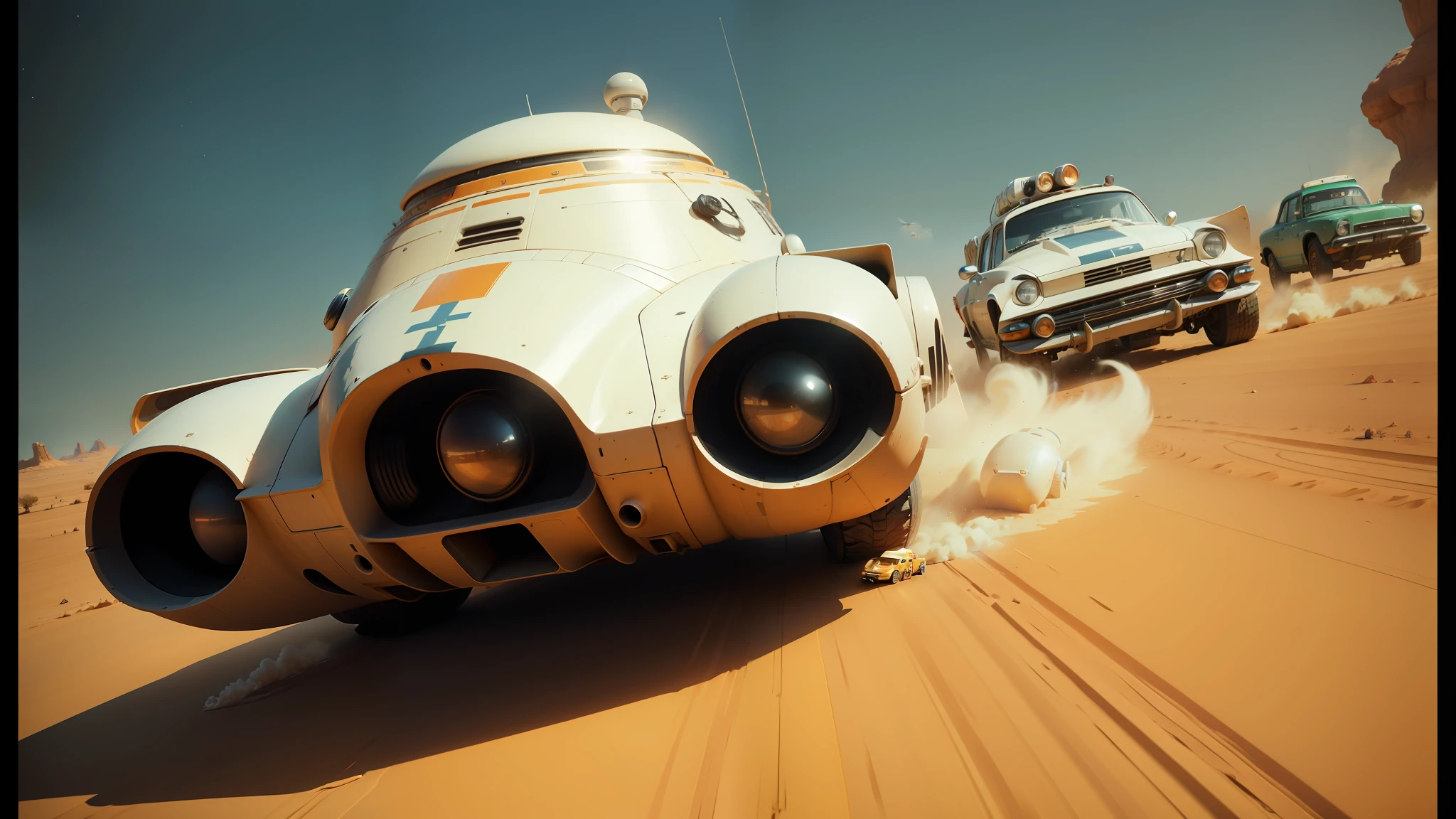 there are three cars driving in the desert with a man on the back, star wars digital art, pixar. octane render, spaceships flying in background, robotic pig, racers, featured on vimeo, promotional image, playable trailer, google logo, anamorphic, caravan, by Werner Tübke, by Richmond Barthé, 1 9 7 0 s sci - fi