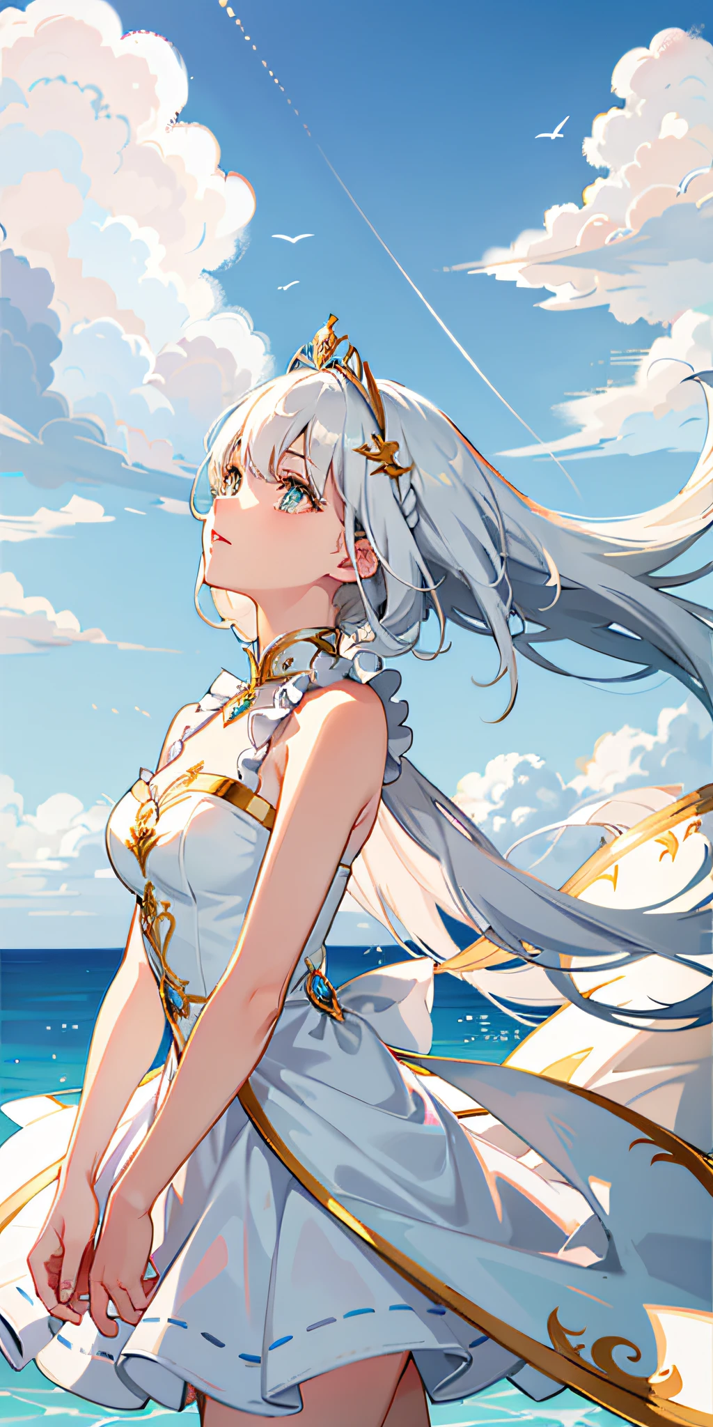 Masterpiece-level CG artwork with fresh and soft painting style. The theme is a beautiful girl with a fairy spirit, with golden eyes and fair skin, a fringed white dress flapping in the wind, long white hair hanging down, looking up at the sky in a very graceful posture, the hair is blown by the wind Flowing, side braids are elegant and alluring. The unique composition of the upper body of the picture highlights the exquisite beauty of the beautiful girl, with endless charm in simplicity.