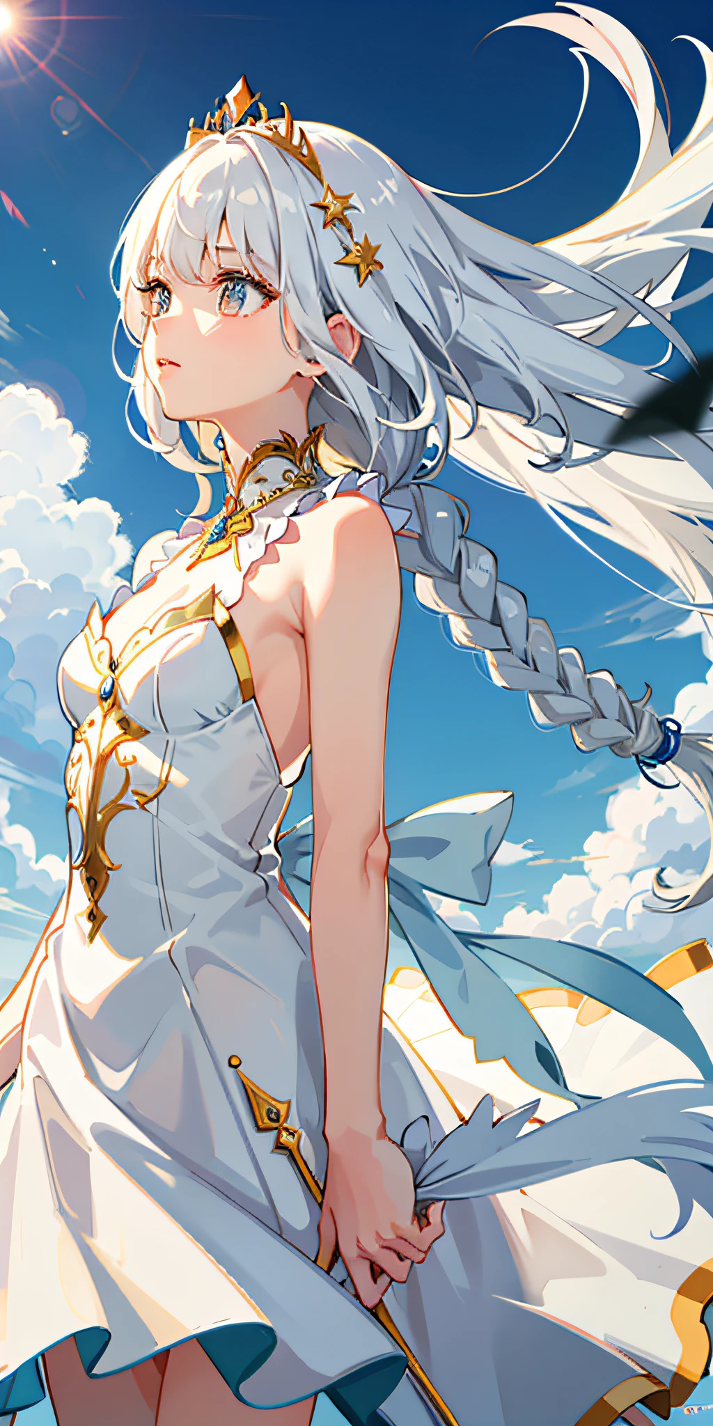 Masterpiece-level CG artwork with fresh and soft painting style. The theme is a beautiful girl with a fairy spirit, with golden eyes and fair skin, a fringed white dress flapping in the wind, long white hair hanging down, looking up at the sky in a very graceful posture, the hair is blown by the wind Flowing, side braids are elegant and alluring. The unique composition of the upper body of the picture highlights the exquisite beauty of the beautiful girl, with endless charm in simplicity.