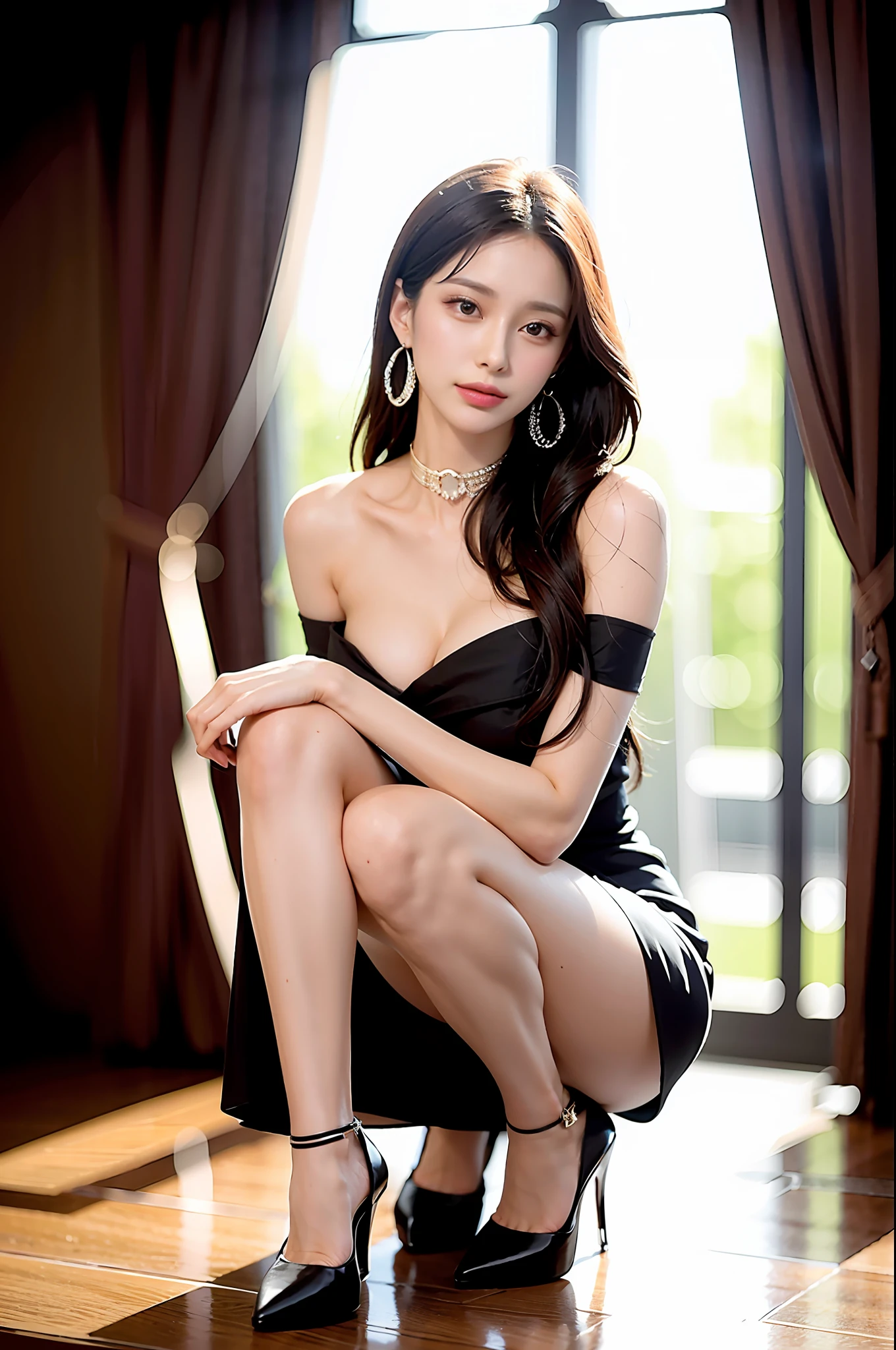 Delicate and masterpiece, beautiful details, fine details, detailed lips, intricate details, (1 woman: 1.1), (gorgeous and beautiful 30 year old sexy Korean woman: 1.1), (KPOP idol, Korean mixed), (hair tying: 1.1), (50mm Sigma f/1.4 Zeiss lens, f1.4, 1/800s, ISO 100, photo: 1.1), big breasts, (photorealistic: 1.1), Solo, tall woman, happy smile, looking at camera, earrings, slim_legs, skinny, thigh_gap, model, lens flare, choker, (dress + see-through silhouette, wedge heels: 1.3), cowgirl squatting, angle from below