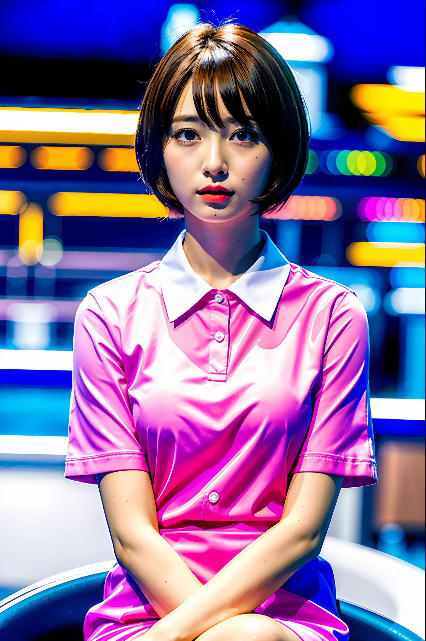 (8k, top quality, masterpiece: 1.2), (realistic, photorealistic: 1.37), super detailed, girl alone, cute, alone, beautiful detailed sky, detailed café, night, sitting, date, (blush), (collared shirt: 1.1),night,wet,bi female figure dressed in latest trend fashion,rain,white lace,(short hair:1.2),floating hair NovaFrogStyle,
