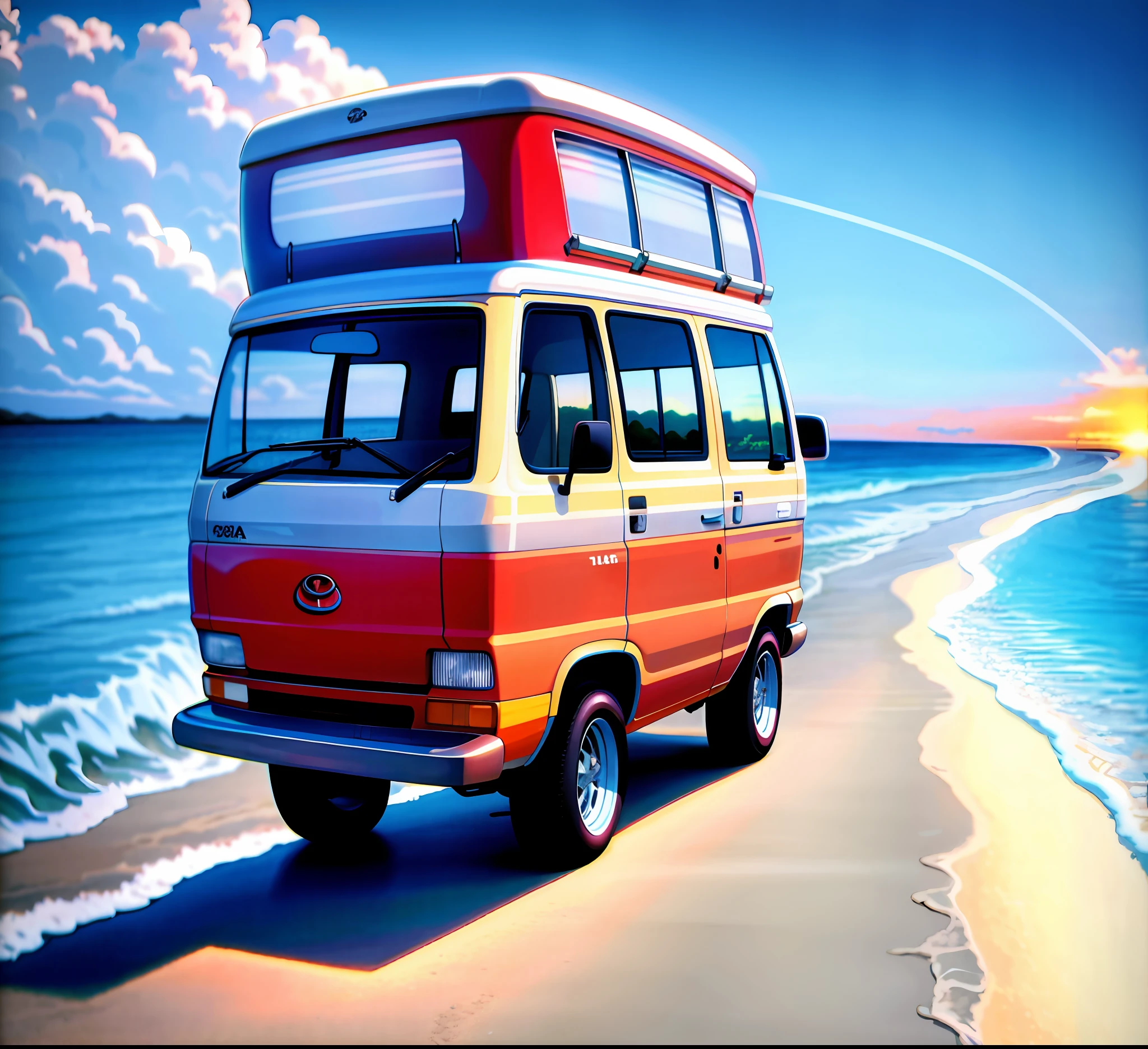 1986, toyota van, 1986 van, grey paint, sunset, scenery, beach, warm colors, van life, waves, nostalgic, new retro wave, smooth