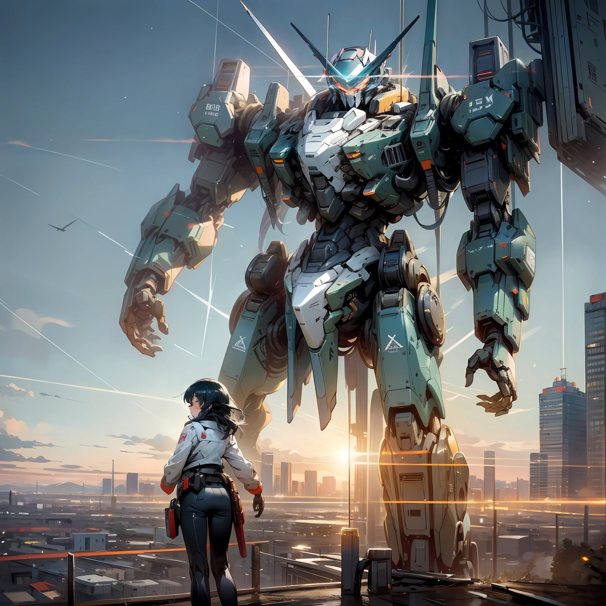 Photos of expansive landscapes, (from below, sky above, open fields below), pilot in front of mecha, mecha behind pilot, beautiful girl pilot, holding_weapon, no_humans, glow, robot, building, glowing_eyes, mecha, science fiction, city, reality, mecha --auto --s2