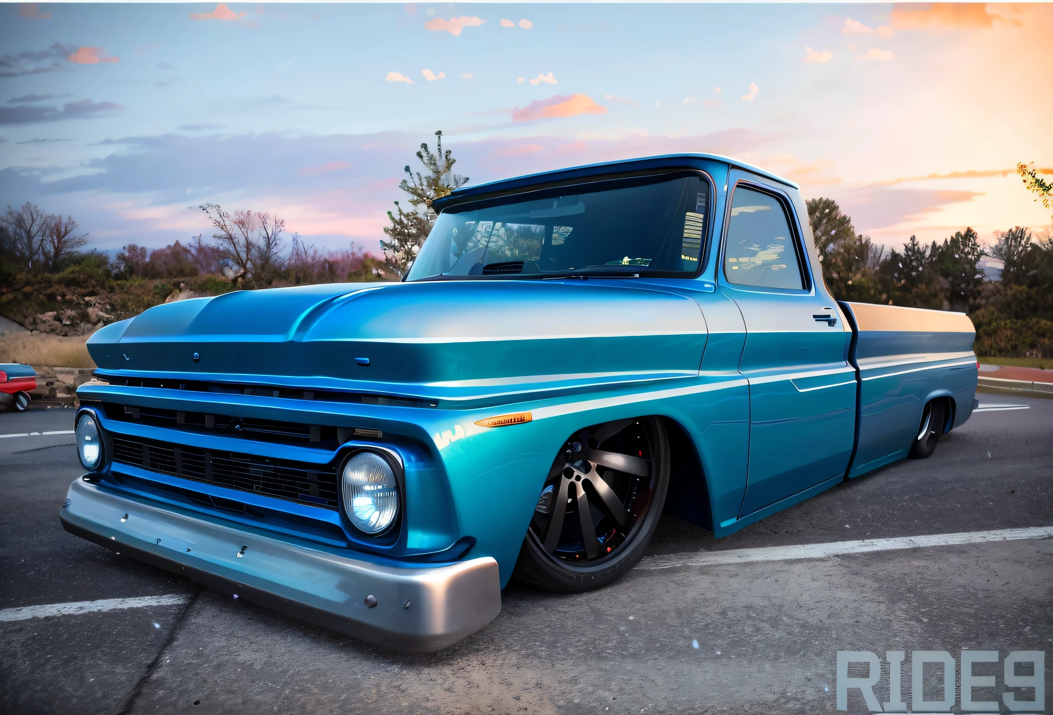 Realistic image there is a metallic blue truck parked in a parking lot, Greg Rutkowski - C 1 0, insanely detailed C 10.0, vibrant - C 10, long front, restomod, sharp smooth lines, wide body, front profile photo, side view, by Jason Felix, front angle, Greg Rutkowski", C 10.0, matte black, late afternoon sky
