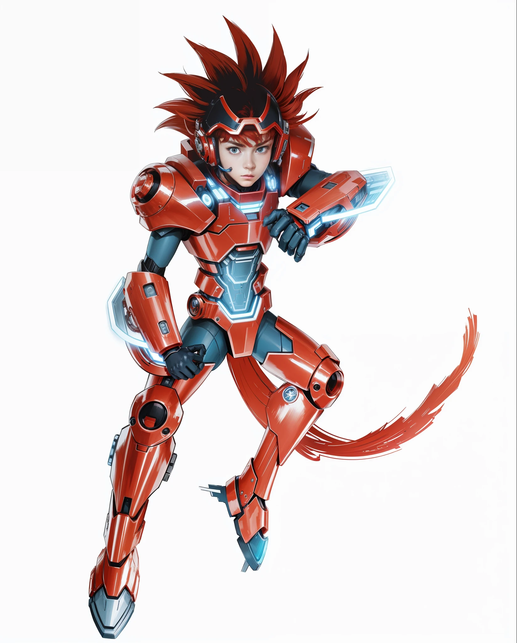 A boy wearing a mecha, red mech, metallic texture, strong sense of technology, red hair, blue uniform, contrasting lighting, fighting action, white background, HD, perfect fingers,