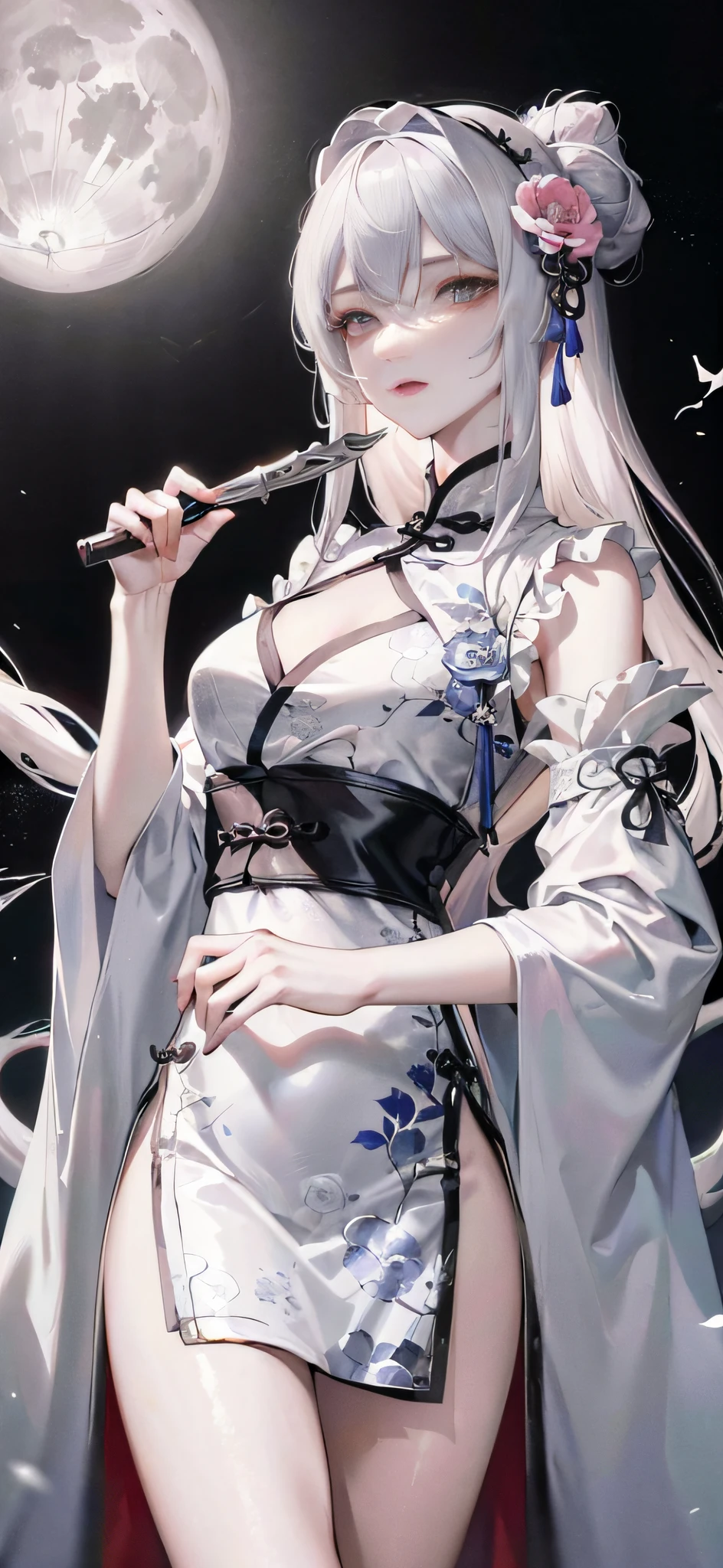 Masterpiece, Best, Night, Full Moon, 1 Female, Mature Woman, Chinese Style, Ancient China, Elder Sister, Royal Sister, Cold Face, Expressionless, Silver White Long Haired Woman, Pale Pink Lips, Calm, Intellectual, Three Belts, Red Lan Yitong, Assassin, Short Knife, Flower Ball Background, Street View Masterpiece, Best, Night, Full Moon, 1 Female, Mature Woman, Chinese Style, Ancient China, Sister, Royal Sister, Cold Face, Expressionless, Silver White Long Hair Woman, pale pink lips, calm, intellectual, three belts, gray pupils, assassin, dagger, flower ball background, street view, white-haired catwoman, Hanfu, cat ears, nine cat tails, fairy air