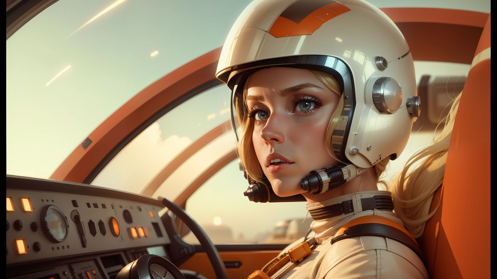 blond woman in a helmet and a white shirt sitting in a vehicle, by Mike Winkelmann, x wing starfighter, youtube thumbnail, portrait of cute pilot girl, cinemascope, speed racer, joshua middleton, retro computer graphics, matte coloring, angry female alien, grey orange, looks like ebru şahin, by Justin Sweet, cinematic pinterest style