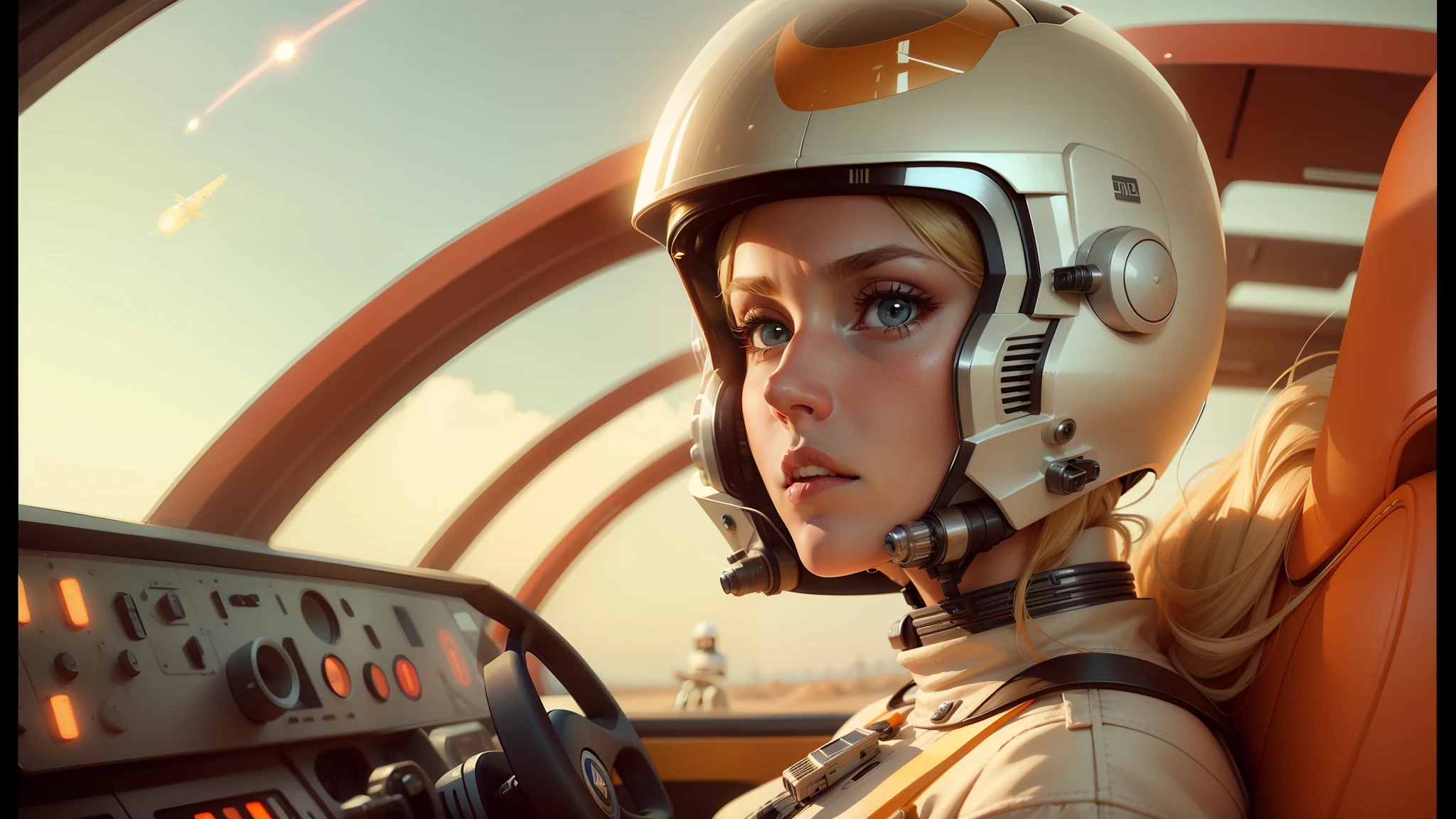 blond woman in a helmet and a white shirt sitting in a vehicle, by Mike Winkelmann, x wing starfighter, youtube thumbnail, portrait of cute pilot girl, cinemascope, speed racer, joshua middleton, retro computer graphics, matte coloring, angry female alien, grey orange, looks like ebru şahin, by Justin Sweet, cinematic pinterest style