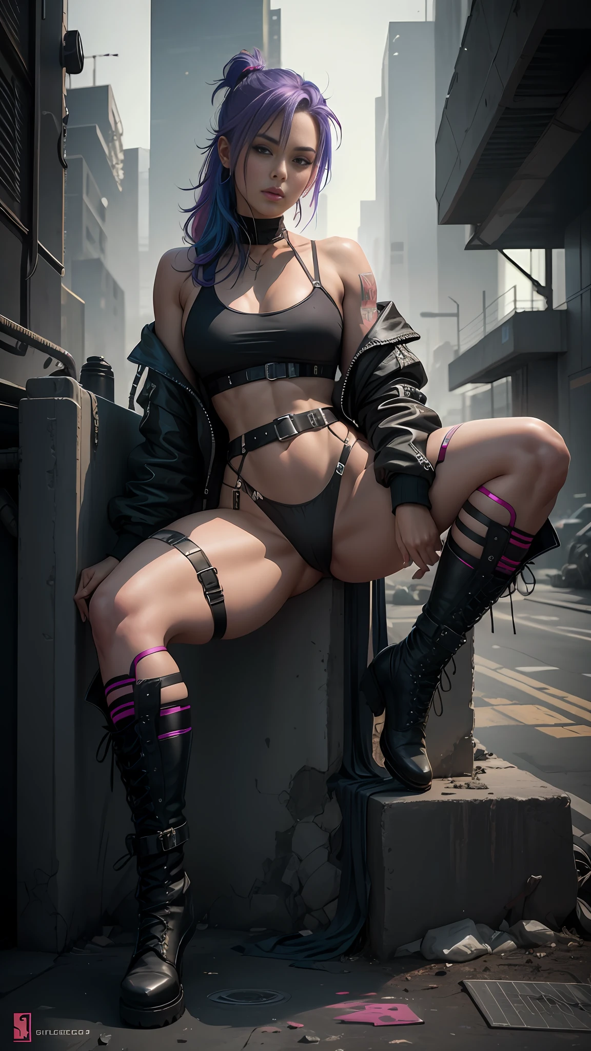 Beautiful woman colored hair, sitting spread leg, wearing small tiny black silk thong, massive cyberpunk belt, high combat military neon boots, muscular, cyberpunk style realistic detailed