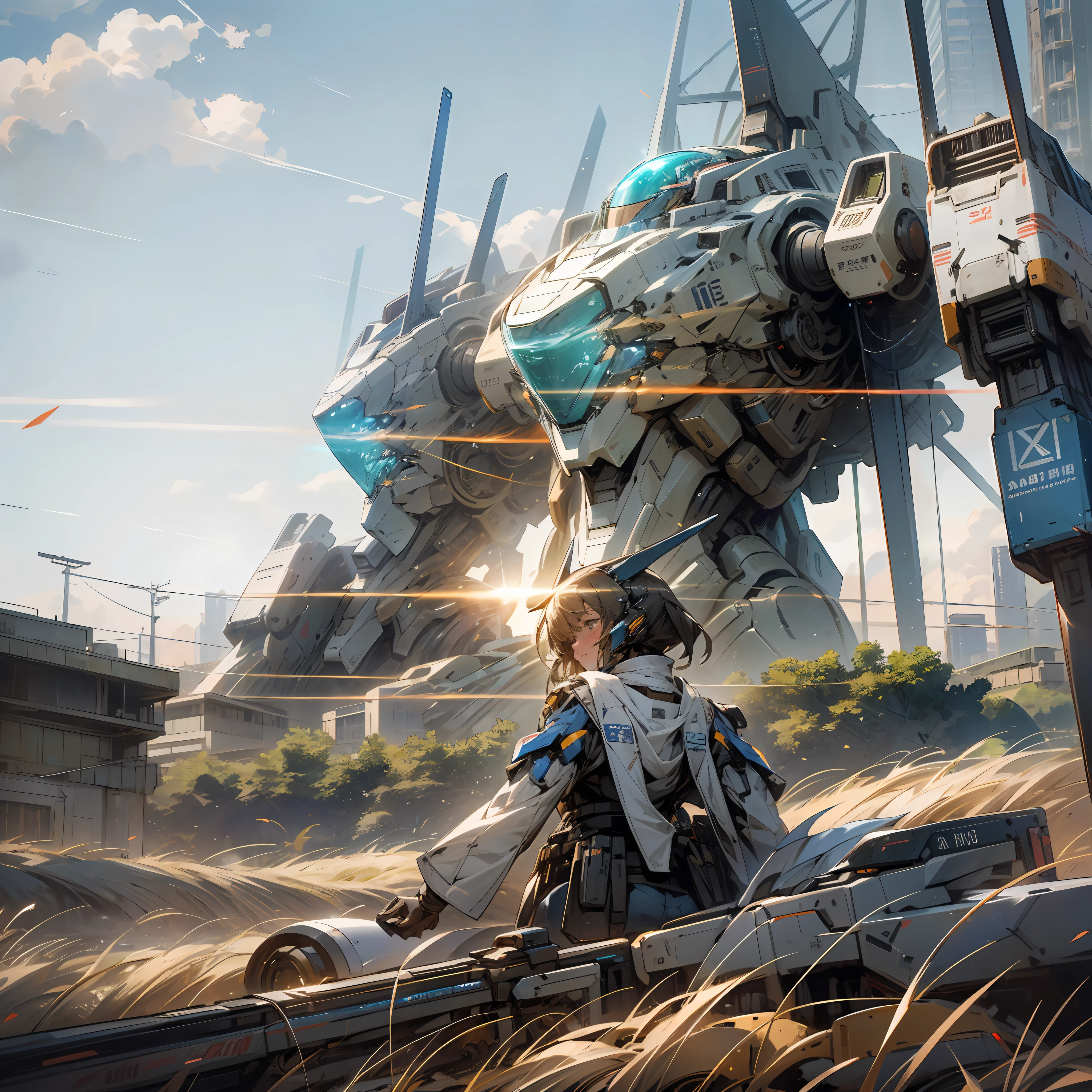 Photos of expansive landscapes, (from below, sky above, open fields below), pilot in front of mecha, mecha behind pilot, beautiful girl pilot, holding_weapon, no_humans, glow, robot, building, glowing_eyes, mecha, science fiction, city, reality, mecha --auto --s2