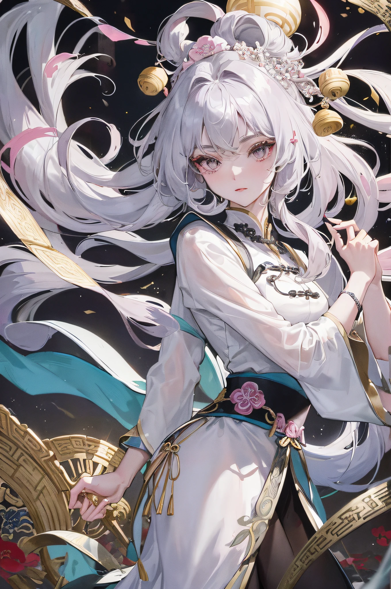 Masterpiece: Superb Night Moon Full Moon 1 Female Mature Woman Chinese Style, Ancient Chinese Sister, Royal Sister, Cold Face, Silver White Long Haired Woman, Light Pink Lips, Calm and Intellectual, Three Banded Gray Assassin Lantern Flower Ball Background, Stroll Street Scene