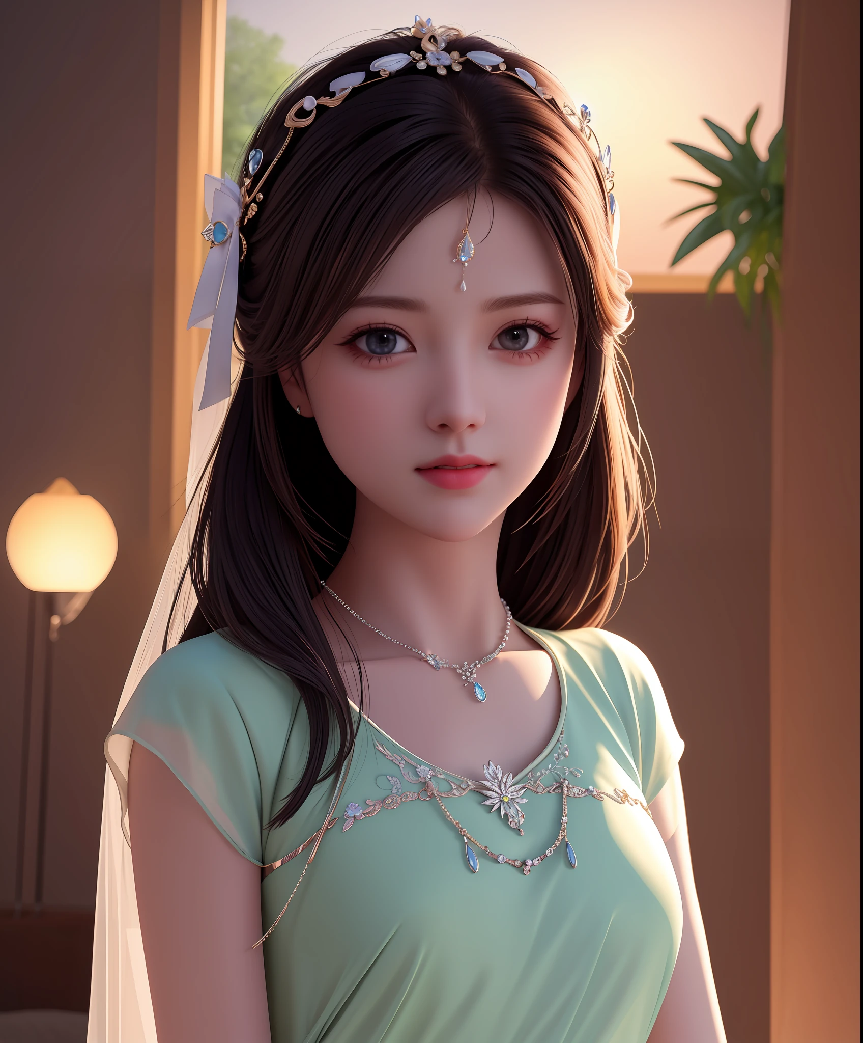 Best Quality, Masterpiece, High Resolution, 2Girl, Porcelain Dress, Hair Accessories, Necklace, Jewelry, Beautiful Face, Body, Tyndall Effect, Realistic, Dark Studio, Edge Lighting, Two-tone Lighting, (High Detail Skin: 1.2), 8K UHD, DSLR, Soft Light, High Quality, Volumetric Light, Voyeur, Photo, High Resolution, 4K, 8K, Background Blur