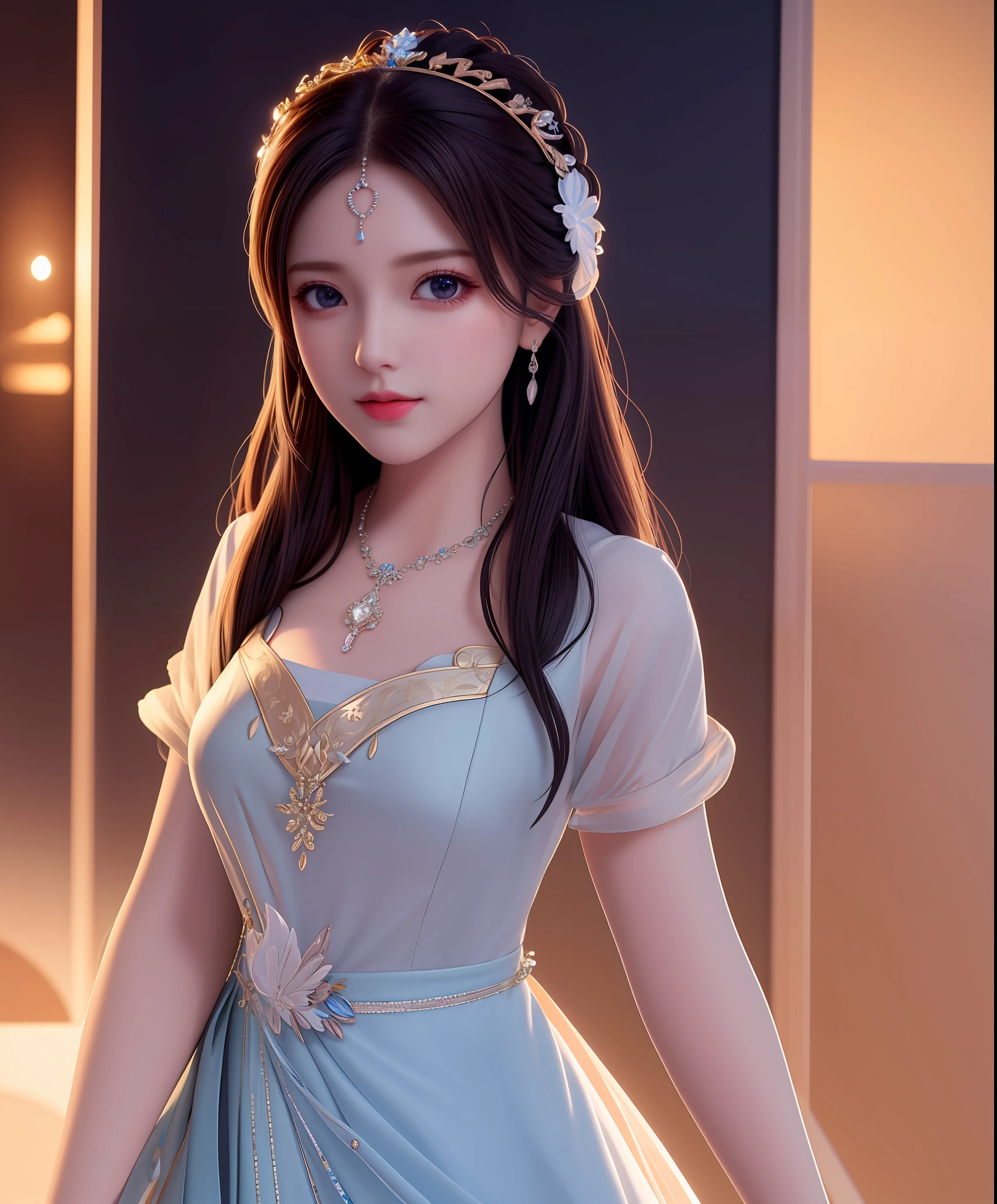 Best Quality, Masterpiece, High Resolution, 2Girl, Porcelain Dress, Hair Accessories, Necklace, Jewelry, Beautiful Face, Body, Tyndall Effect, Realistic, Dark Studio, Edge Lighting, Two-tone Lighting, (High Detail Skin: 1.2), 8K UHD, DSLR, Soft Light, High Quality, Volumetric Light, Voyeur, Photo, High Resolution, 4K, 8K, Background Blur