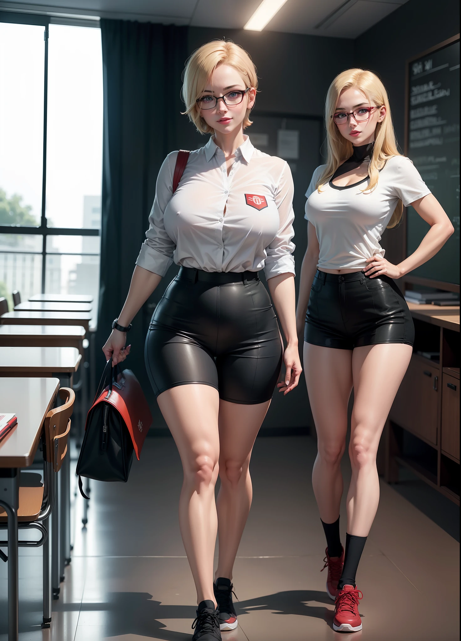 Full body photo, a school teacher, white shirt and short black shorts, tight-fitting, big breasts, red glasses on her face, she has short blond hair with highlights, blue eyes, is looking at the viewer, embarrassed smile, face with red cheeks, red lipstick on her mouth, standing inside a classroom full of students., anime style, Anime, Mortal Kombat, Masterpiece, super detail, 16k, best quality, anatomically correct, UHD