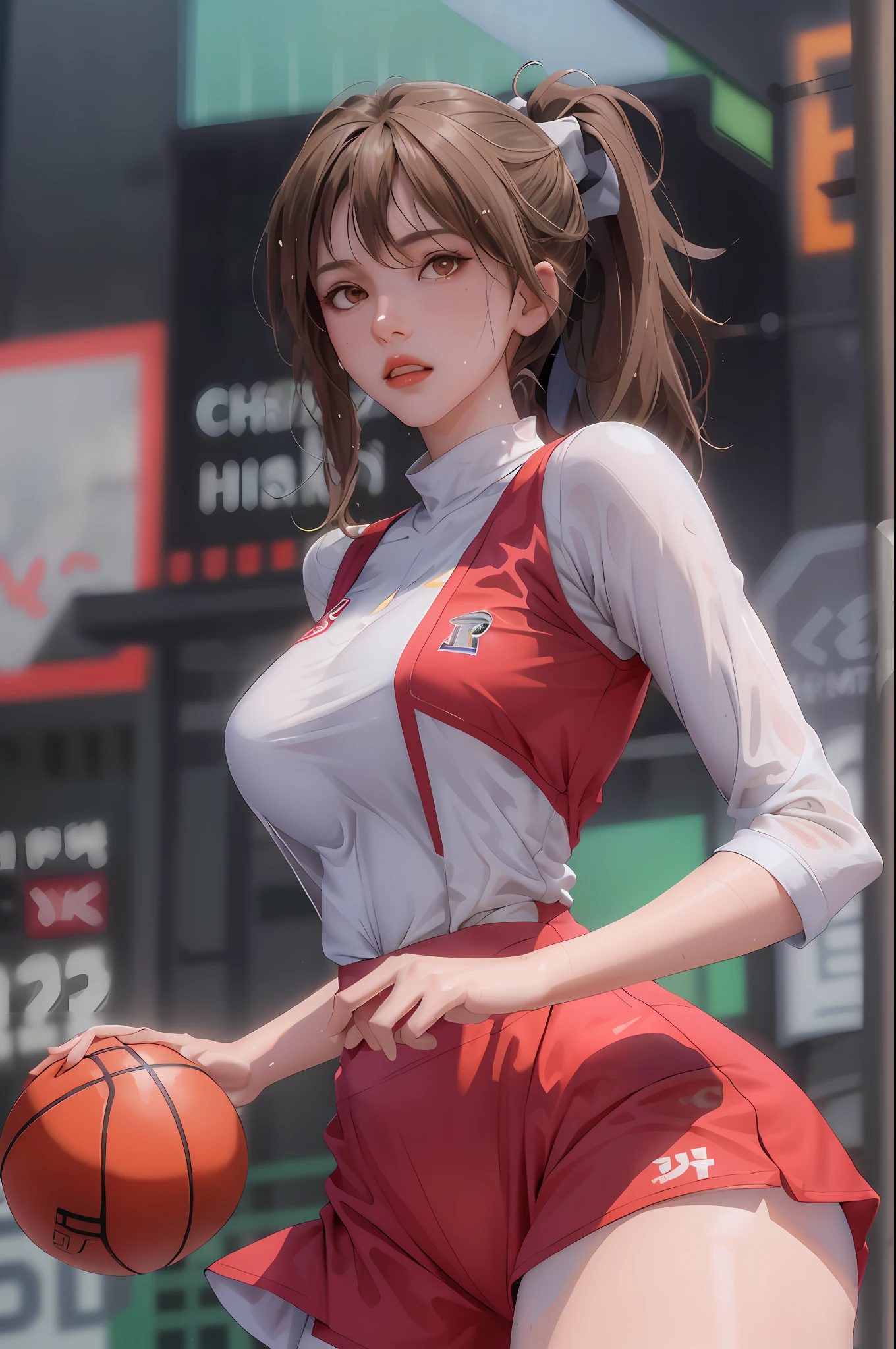 Masterpiece: 1.2, best quality), realistic, (real picture, rich details details, depth of field), (1girl, solo), makeup, cleft lip, high detail, perfect face shape, (big breasts: 1.4), (skindentation), long legs, thin waist, Tall, Coral, Red Lips, Red Eyes, Ponytail, (((Girl playing basketball, Clear Basketball Suit)))), (Sweat: 1.2), (Wet), Sexy, Blushing, Sweaty