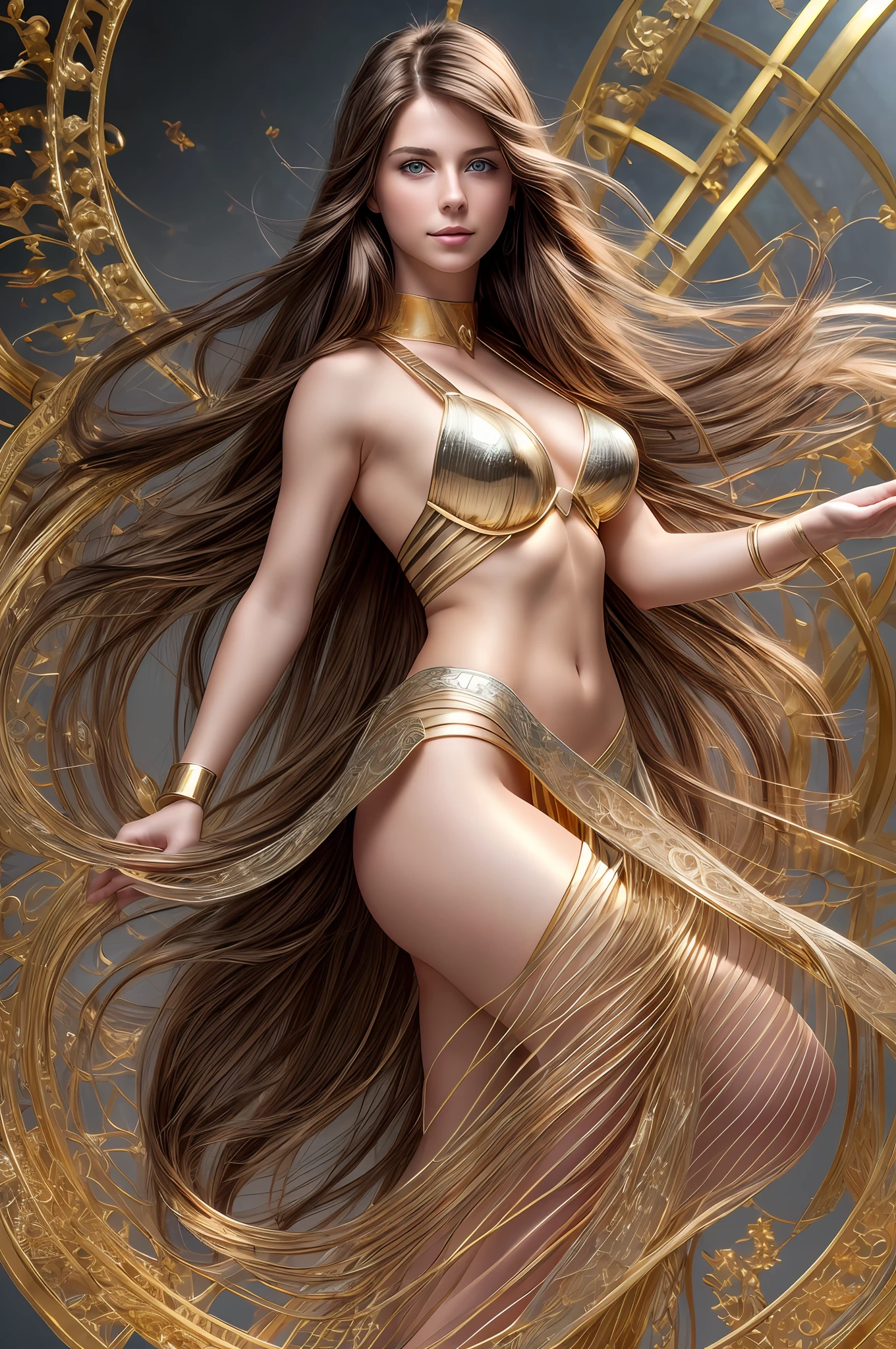 (masterpiece, best quality, ultra-detailed),(1girl), blue eyes, long hair, brunette, dynamic angle, dynamic pose, natural lighting, floating, (fibonacci:1.2), (full body:1.3), (gold strap:1.2), (dark background:0.8| ethereal), (smiling:0.8| serious expression), (light in the hair), studio lighting, photorealistic --s2