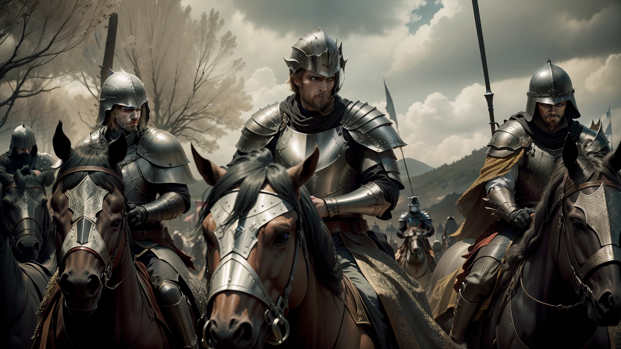 there are many men in armor riding horses in a line, cinematic color grading, dark grey robes, [ metal ], 4k photography, bradley james and colin morgan, armor and robes, warlord, anamorphic flares, heavy filmgrain, middle ages, badass filters and effects, three towers, by Stefan Lochner, hi-res, trending on flickr, valkyrie