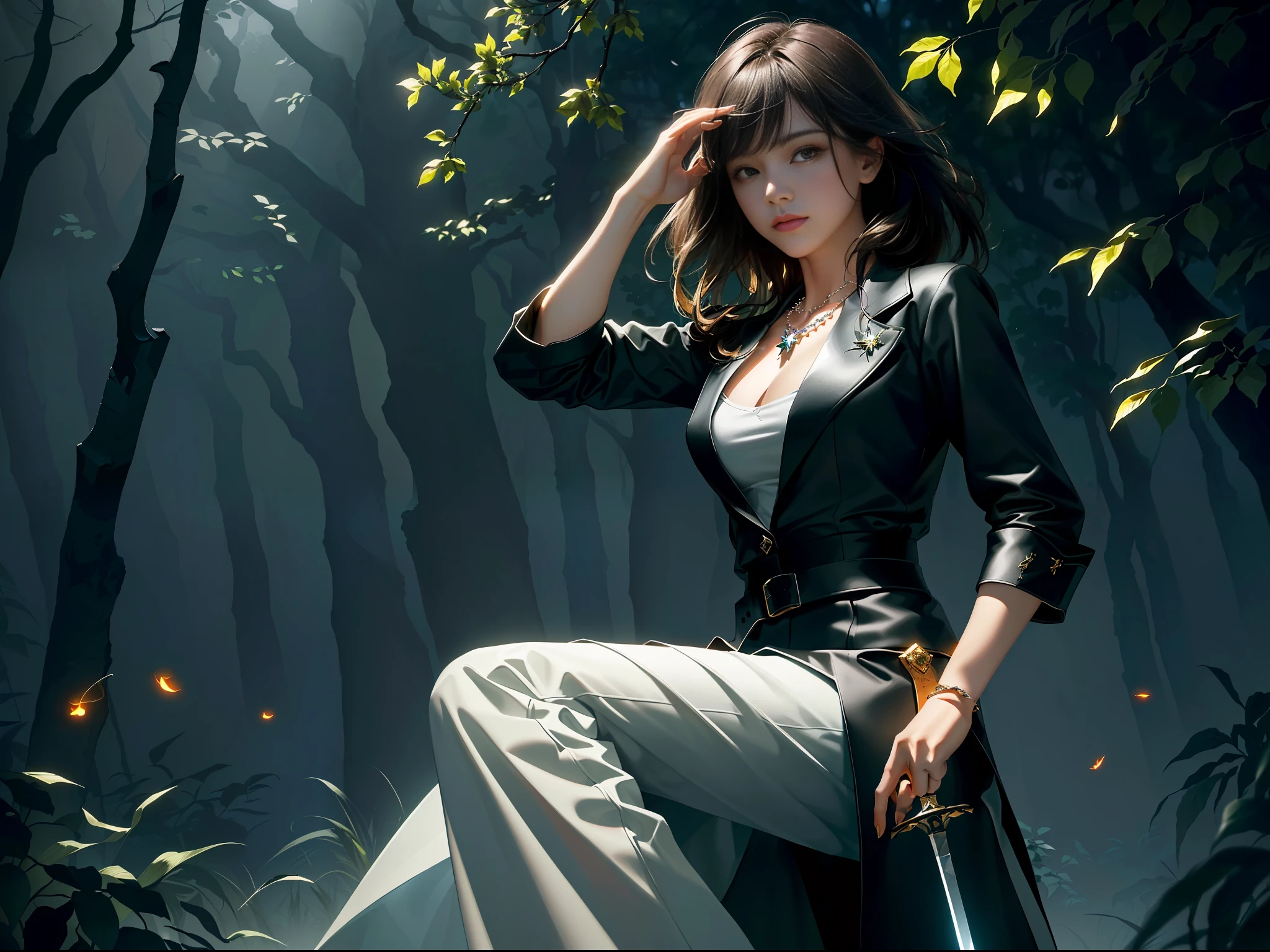 Masterpiece, best quality, (ultra-fine CG unity 8k wallpaper), (best quality), (best shadow), UI interface framework design with natural elements of the forest theme. Surrounded by delicate leaves and branches, there are also fireflies and glowing particle effects, (RAW photos, best quality), (realistic, Photo Realism: 1.3), Extremely Refined and Beautiful, Amazing, Fine Detail, Masterpiece, Hyperdetail, High Resolution, Best Illustration, Best Shadow, Complex, Depth of Field, (Dramatic Lighting: 1.4), Sharp Focus, Volumetric Fog, 8kUHD, DSLR, High Quality (Film Grave: 1.4), Fujifilm XT3 (Distant Photo), Beautiful Clean Face, Full Body, 1 Girl, Orange Pants in Black Tech Suit Jacket and Buckle and Tape, (Crystal Necklace), Long Legs, One-handed Sword, Good Hands, Perfect Hands, Stroke, Looking at the Audience, Nightmare AI Demon, ,
