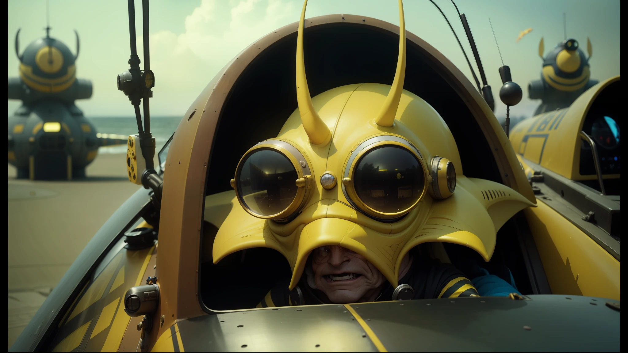 there is a man in a yellow and black costume in a yellow car, nute gunray, airships, high resolution film still, saw, ani, 4, full width, fishpeople, goblin, colorised, cockpit, nausicaa, pepe, navigator glasses, 2 0 5 0 s, crustacean, rule 34, fly