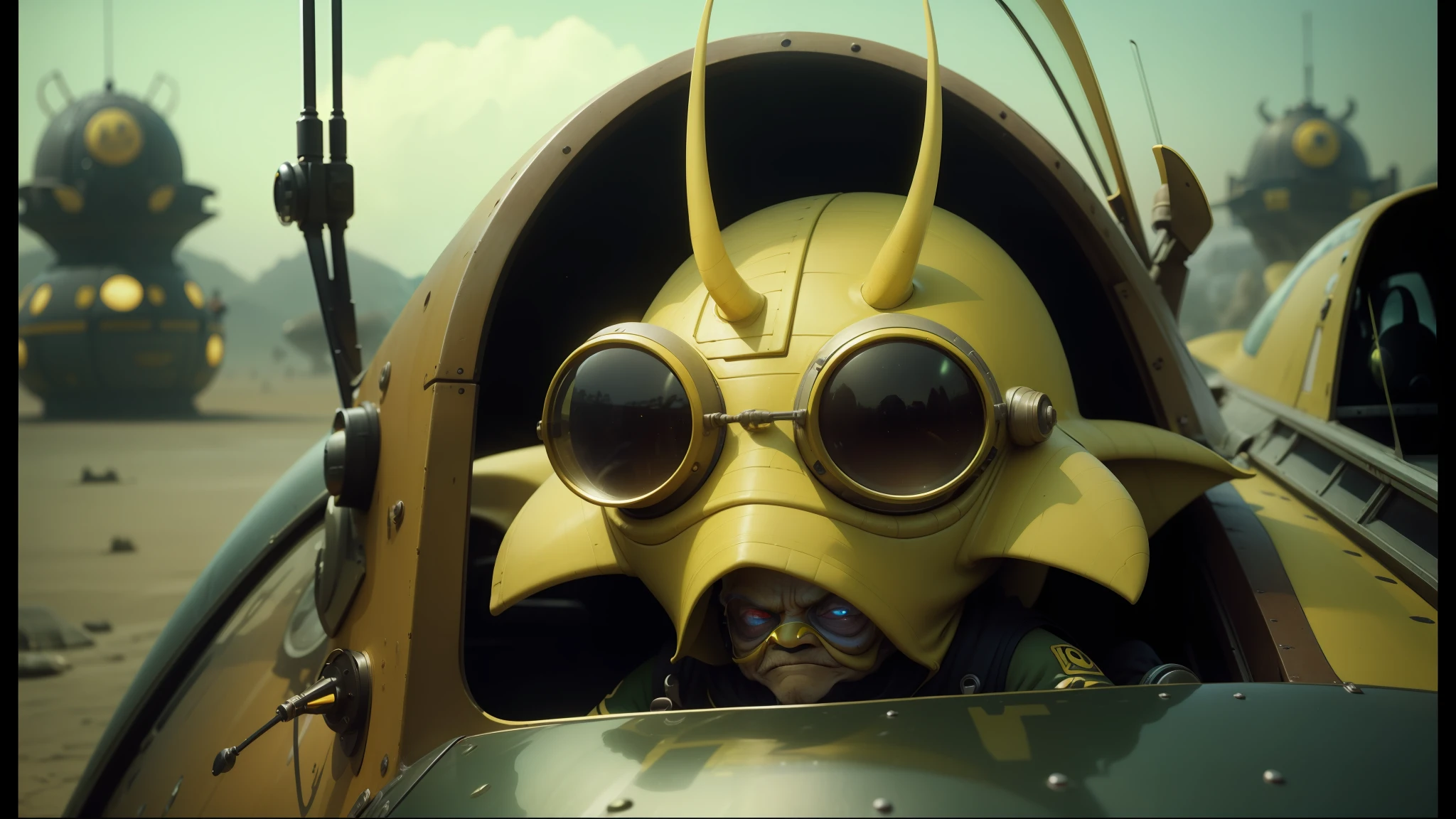 there is a man in a yellow and black costume in a yellow car, nute gunray, airships, high resolution film still, saw, ani, 4, full width, fishpeople, goblin, colorised, cockpit, nausicaa, pepe, navigator glasses, 2 0 5 0 s, crustacean, rule 34, fly