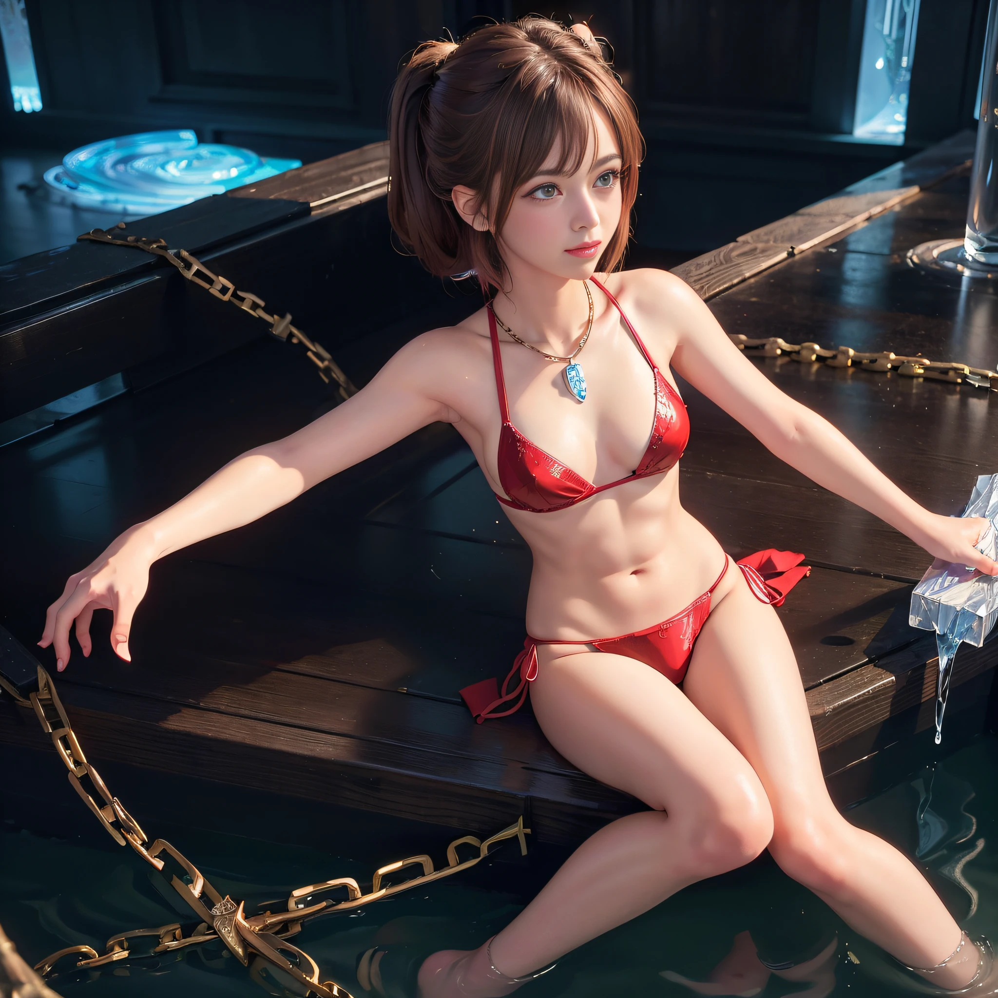 ((masterpiece)), 4k, beautiful (((Japanese cute idle))), ((best quality)), professional lighting, highres, 35 mm lens, f 1/1.4, 18 years old, blonde streaked braid hair, round face, short neck, supergirl, (looking at viewer), (detailed face:1.3), full body, (red sparkly plunk lips:1.1), realistic painting,  intricate, (realistic eye:0.9), (realistic painting:0.9), beautiful shine blue eyes, (flat chest:0.8), ((small breasts)), smile, embarrassed, strong morning direct light, clean nasal bridge, frozen, soft tits, (sparkly red bikini with loose front opening:1.1), (bound and crucified with mass of chains made of crystal:1.3), (erotic:0.9), raise one arm, armpit, golden bracelets, red boots, (many small fine ice crystals:1.1), (wonder woman:0.6), ribs are faintly visible, (much water dancing in the air:1.3), bathing, indoor, in pool, (shiny skin:1.2),