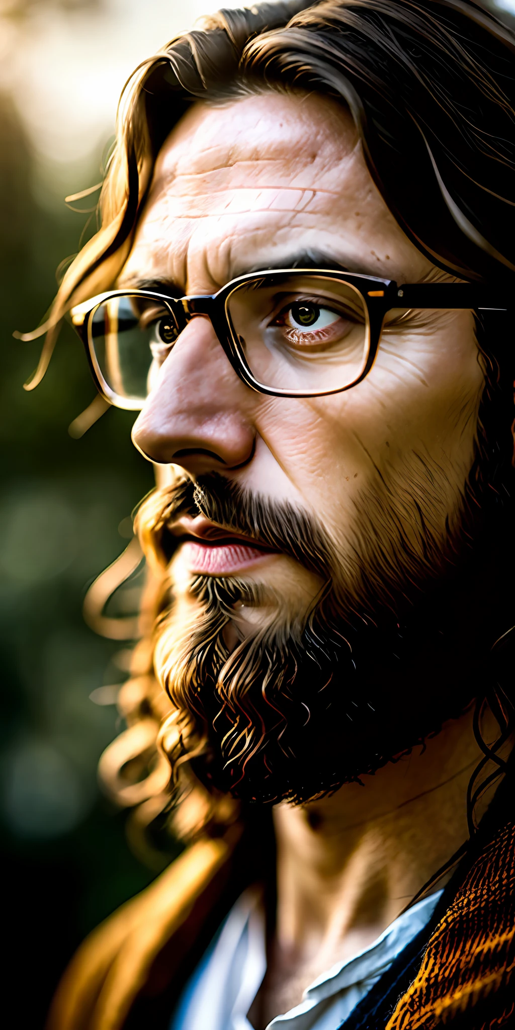 portrait of Jesus from modern glasses, cinematic lighting, depth of field, bokeh, realism, photorealistic, hyperrealism, professional photography, uhd, dslr, hdr