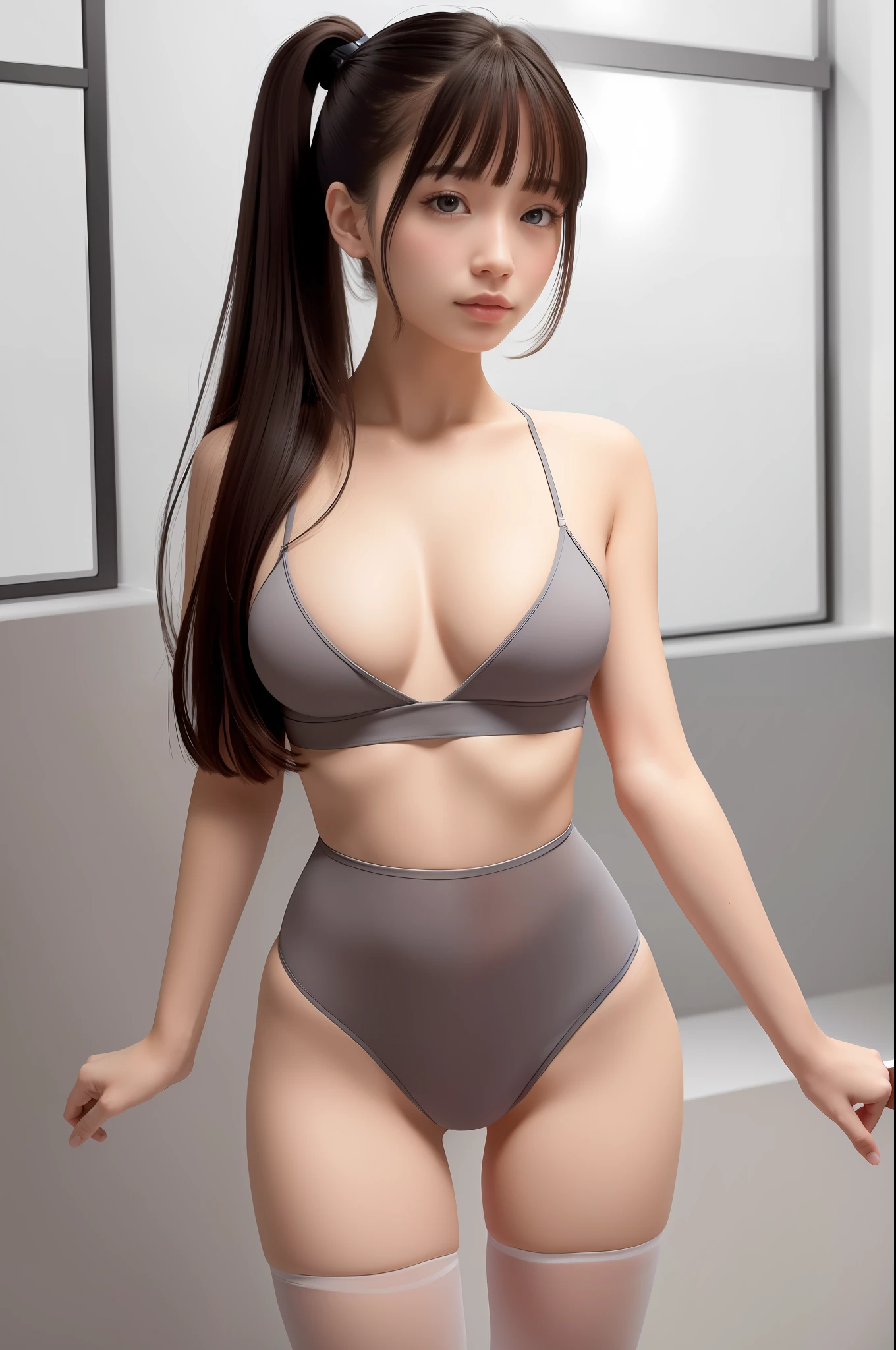(Best Quality, Masterpiece: 1.1), (Realisticity: 1.6), 1girl, Full Body, Crop Top, Double Ponytail, Pantyhose, No Panties, Exposed Breasts,