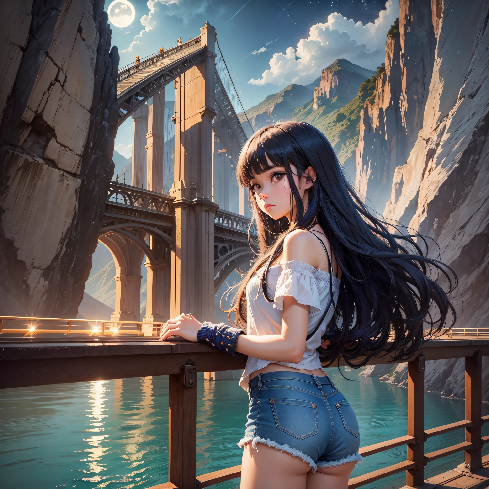 River, mountains, moonlight, sparkling, girl with bangs with long hair leaning against bridge in denim shorts, breathtaking landscape, visually stunning, amazing scenery, beautiful scenery, incredible beauty, breathtaking appearance, very beautiful scenery, --auto --s2