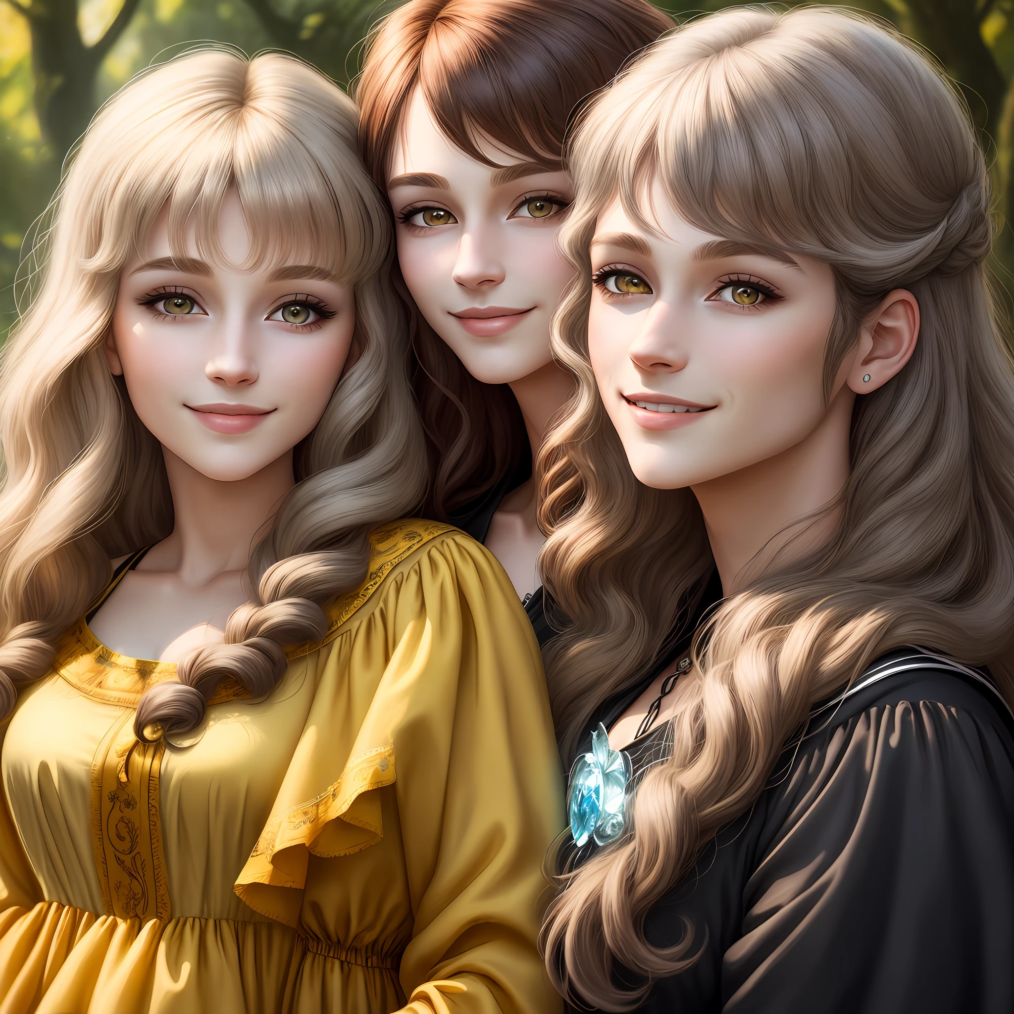 fantasy, duet, solo man and solo woman, different hair color, different eye color, super detailed, nature, detail, portrait, solo woman, 30 years old, long brown curly, hair, smiling, portrait, solo man 32, light ash hair, smiling, yellow eyes super detailed, 8k clarity