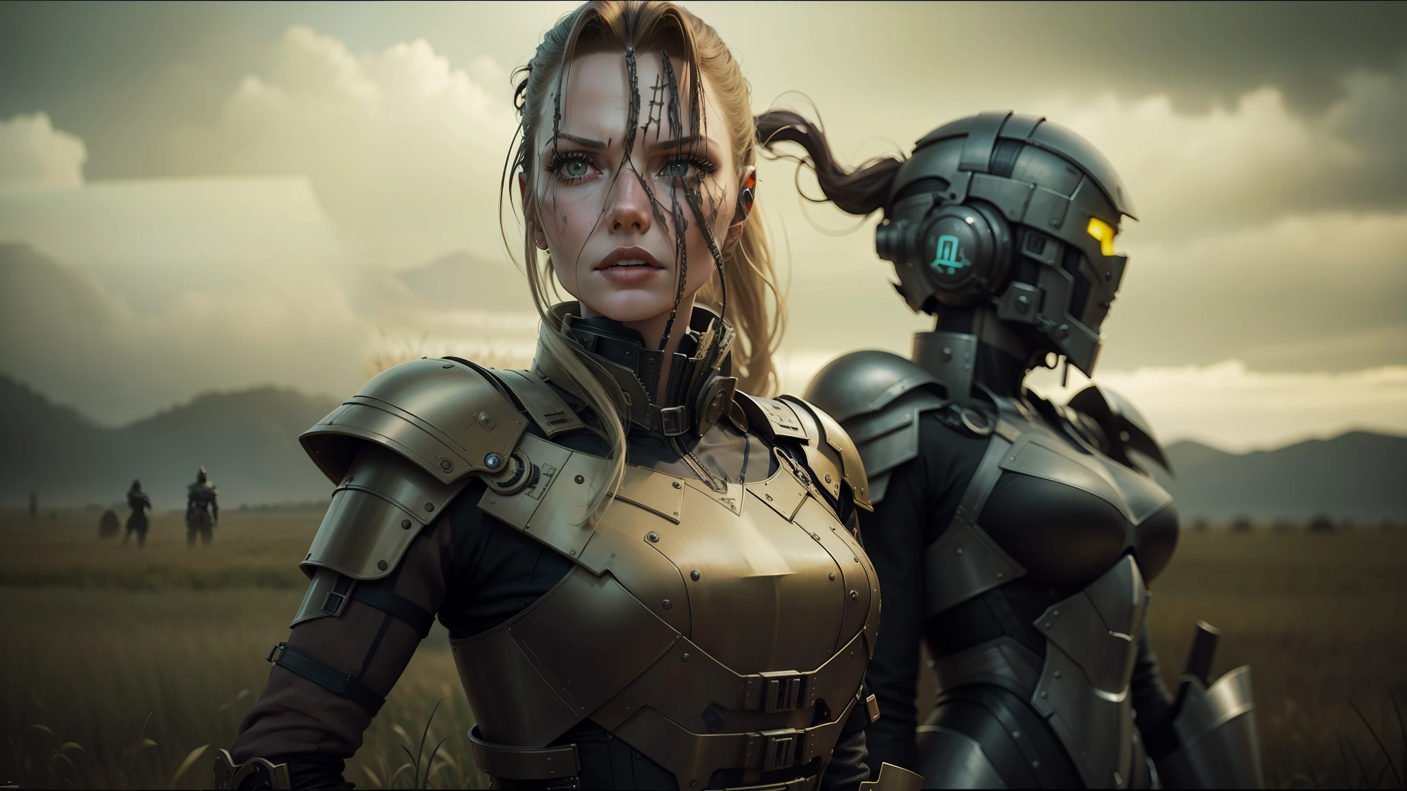 there are two people dressed in armor standing in a field, animatronic angelina jolie, tuomas korpi and wlop, inspired by Júlíana Sveinsdóttir, metal jaw, promotional images, cybertech wear, intricate steampunk imagery, promotional shot, charlize, karl urban