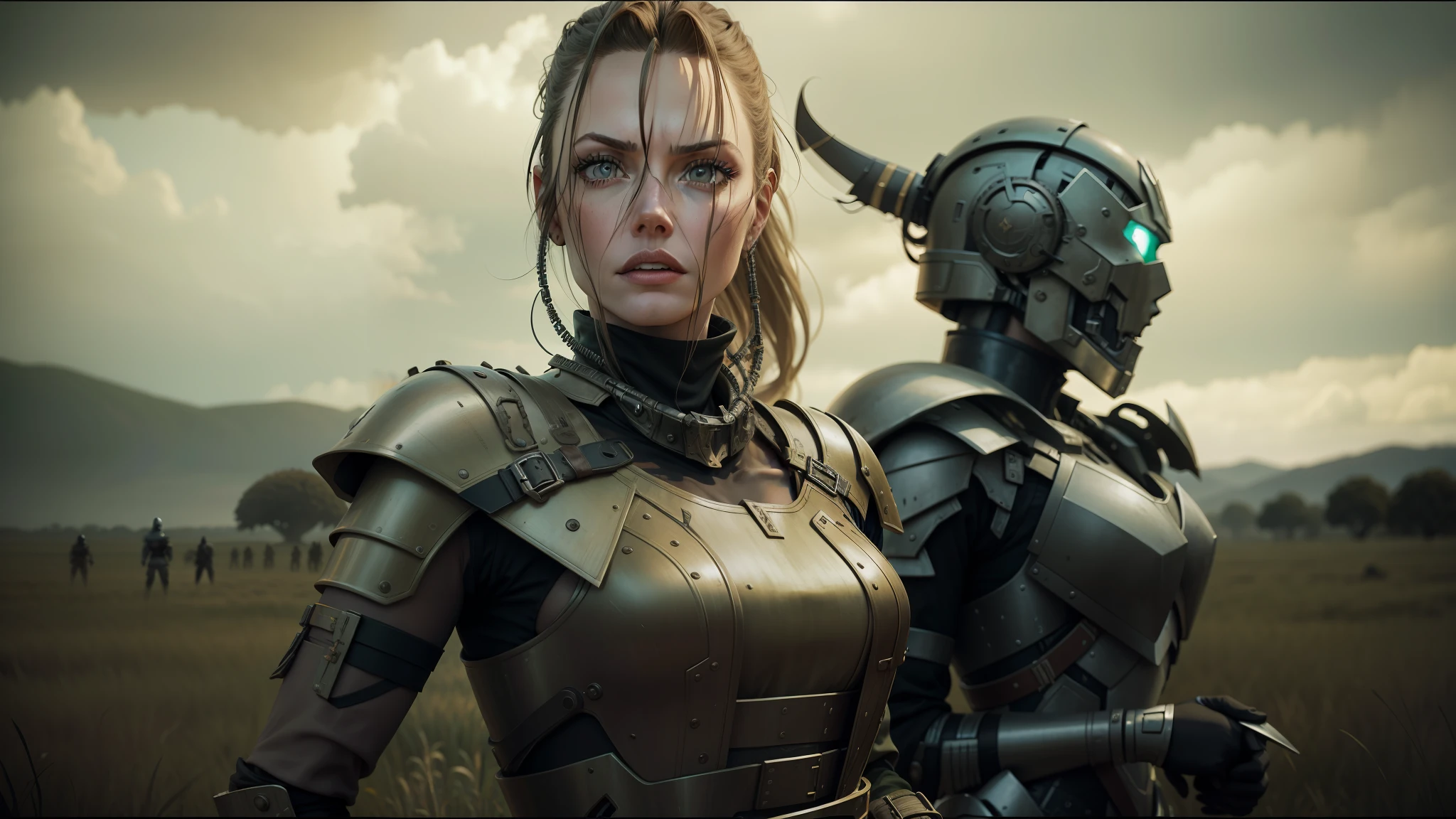 there are two people dressed in armor standing in a field, animatronic angelina jolie, tuomas korpi and wlop, inspired by Júlíana Sveinsdóttir, metal jaw, promotional images, cybertech wear, intricate steampunk imagery, promotional shot, charlize, karl urban