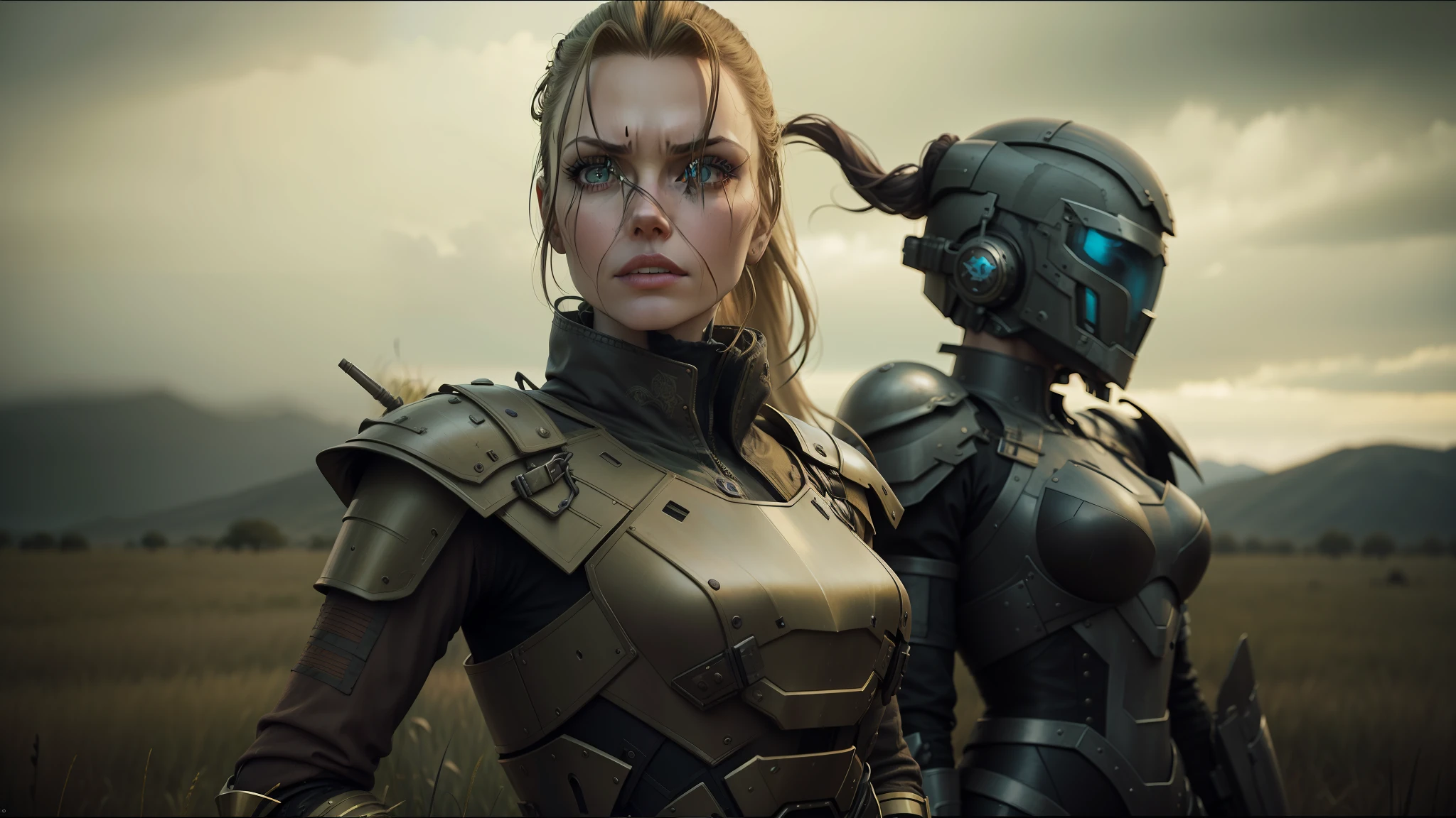 there are two people dressed in armor standing in a field, animatronic angelina jolie, tuomas korpi and wlop, inspired by Júlíana Sveinsdóttir, metal jaw, promotional images, cybertech wear, intricate steampunk imagery, promotional shot, charlize, karl urban