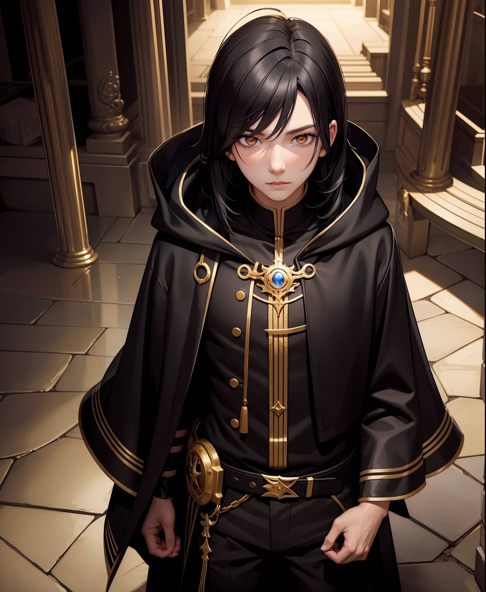 masterpiece, dungeon, 1boy, solo, black hair, golden eyes, cloak, trousers, worth