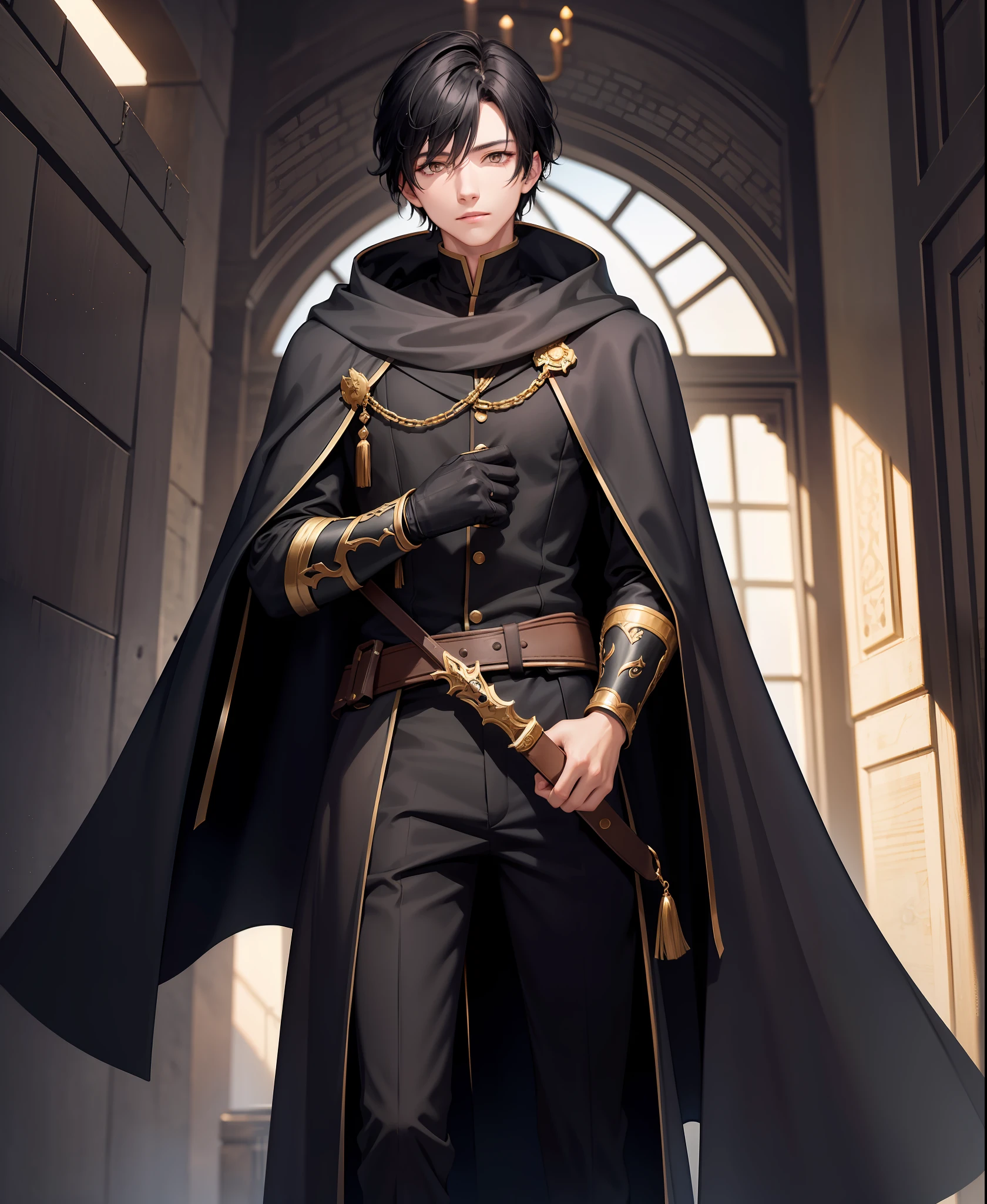 masterpiece, dungeon, 1boy, solo, black hair, golden eyes, cloak, trousers, worth