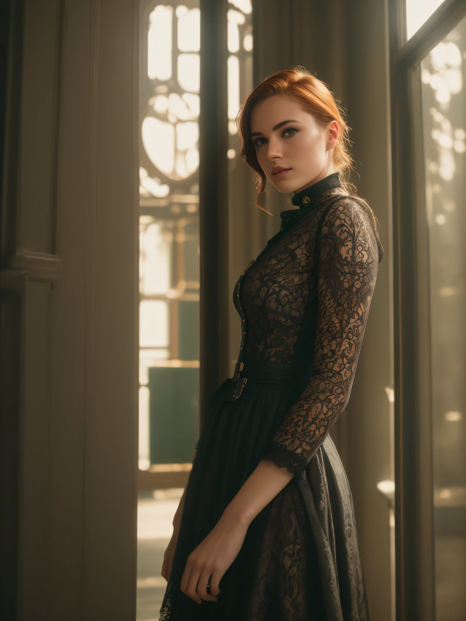 romantic steampunk style, masterpiece, full color photo, best quality, 8k, artstation, sharp focus, ultrarealistic, high details, raw photo, undercut hair, freckles, glass dress, amazing body, pronounced feminine feature, (redhead:0.4), (photorealistic:1.3), (highest quality:1.3), (film grain:1.3),  ( world's best photography:1.3), (professional Photo:1.3), (detailed details:1.3), (cinematic light:1.3), ( cinematic color:1.3), maximum depth of field, film photography, ( intricate details:1), (hyperdetailed:1), (((SFW)))