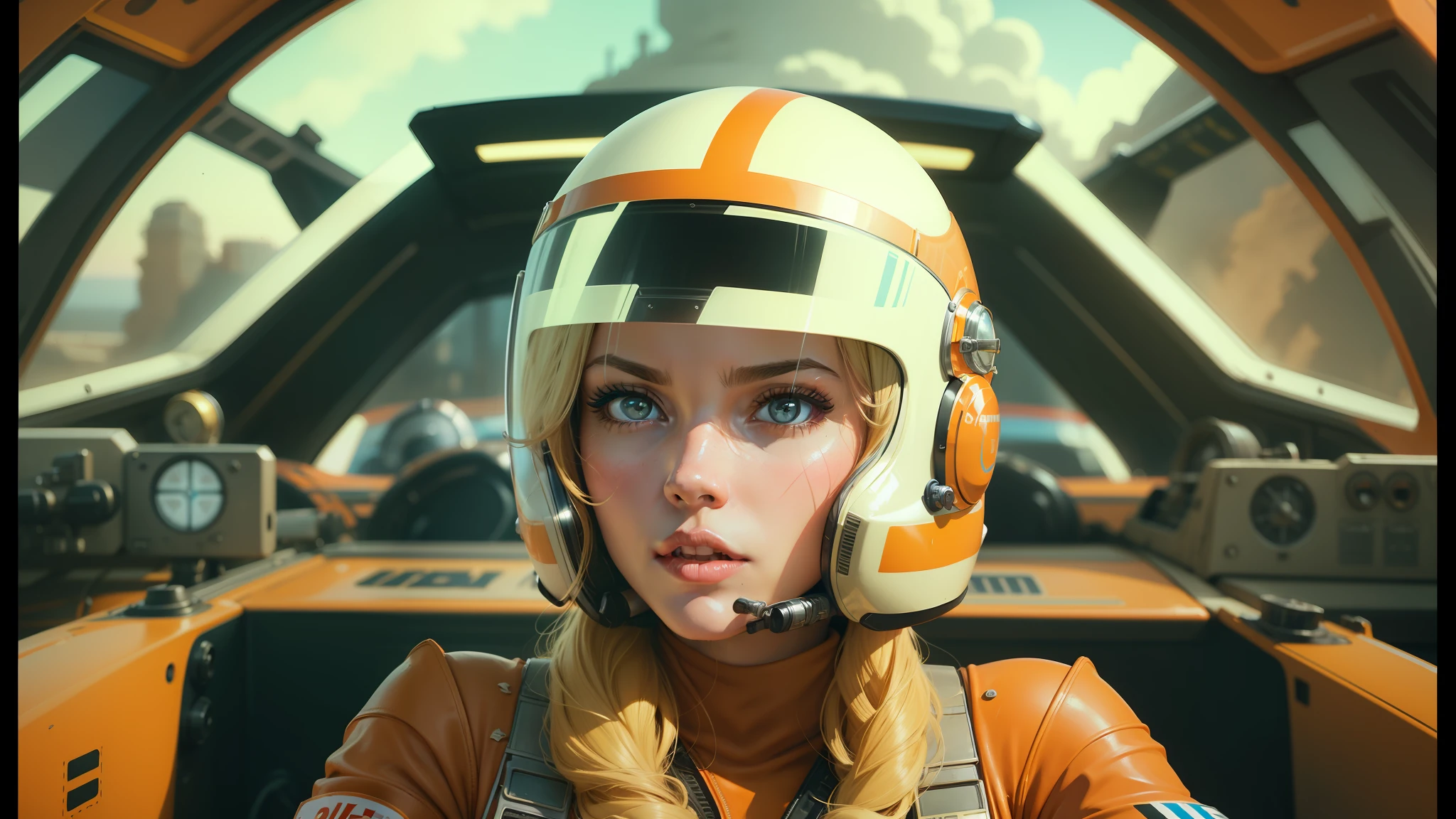 a close up of a woman in a helmet in a cockpit, nick silva and ilya kuvshinov, anamorphic widescreen, pod racer, chambliss giobbi, youtube thumbnail, seventies era, charli bowater and artgeem, super wide angel, barbarella, greg irons, agent orange, blonde female jedi