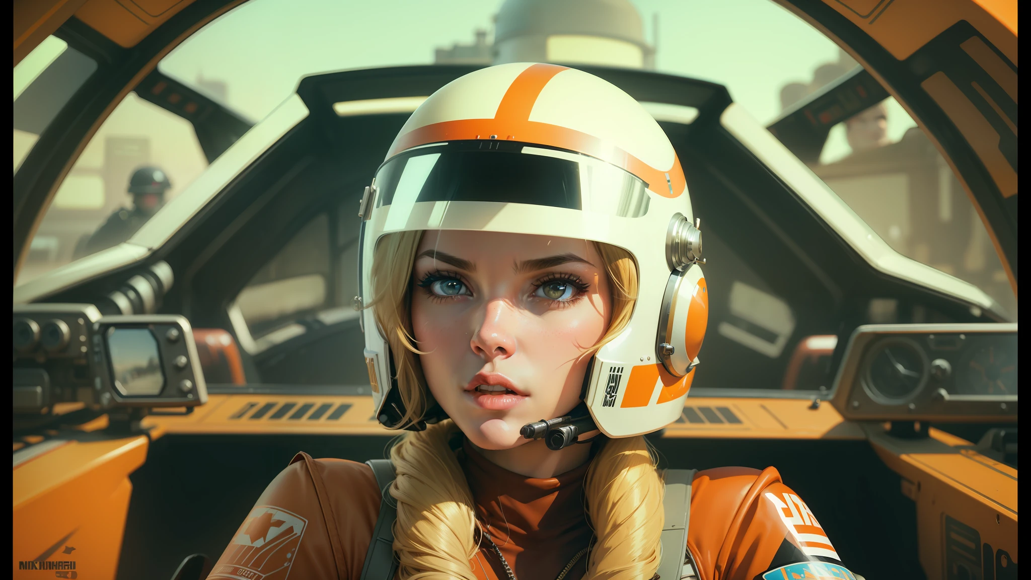 a close up of a woman in a helmet in a cockpit, nick silva and ilya kuvshinov, anamorphic widescreen, pod racer, chambliss giobbi, youtube thumbnail, seventies era, charli bowater and artgeem, super wide angel, barbarella, greg irons, agent orange, blonde female jedi