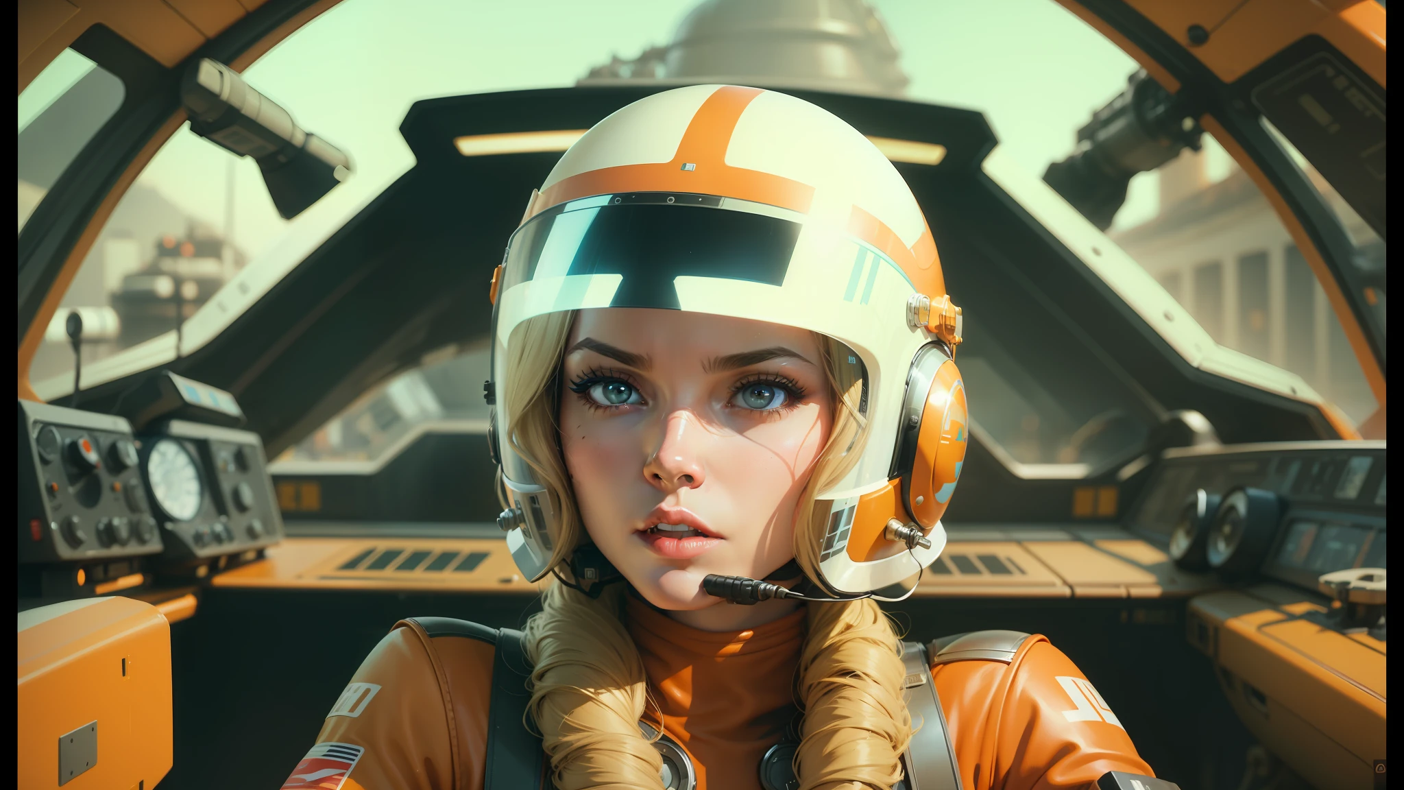 a close up of a woman in a helmet in a cockpit, nick silva and ilya kuvshinov, anamorphic widescreen, pod racer, chambliss giobbi, youtube thumbnail, seventies era, charli bowater and artgeem, super wide angel, barbarella, greg irons, agent orange, blonde female jedi