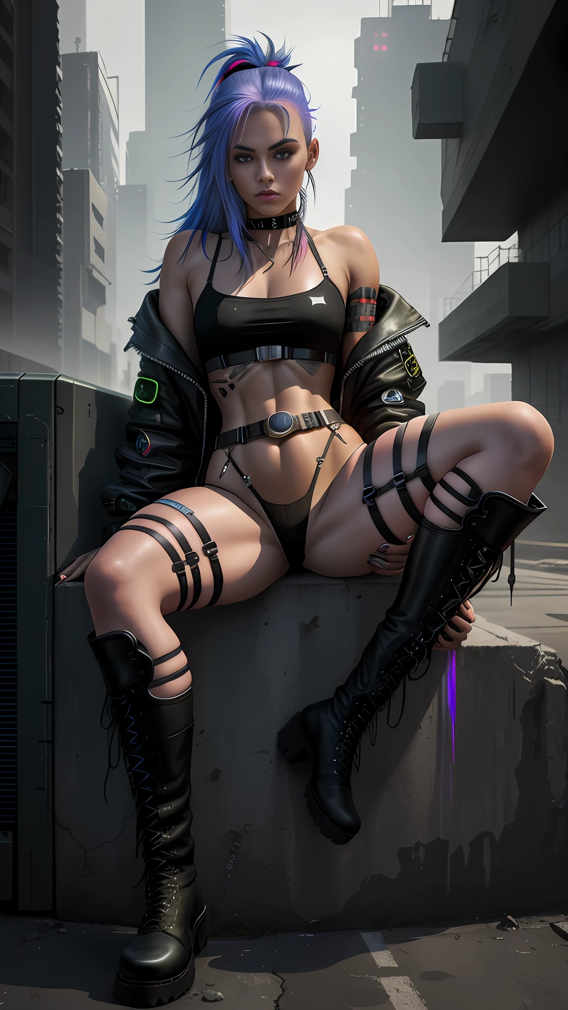 Beautiful european girl colored hair, sitting spread leg, wearing small tiny black silk thong, massive cyberpunk belt, high combat military neon boots, muscular, cyberpunk style