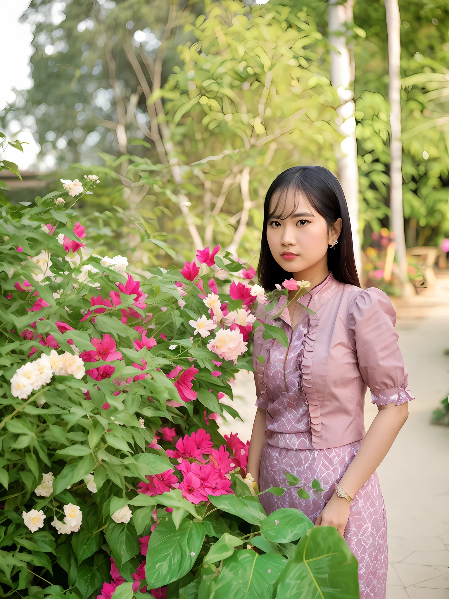 woman standing in front of a bush of flowers with a pink dress, nivanh chanthara, with flowers, in style of lam manh, in garden, photo taken with canon 5d, in style of thawan duchanee, photo taken in 2 0 2 0, dang my linh, in a park, a young asian woman