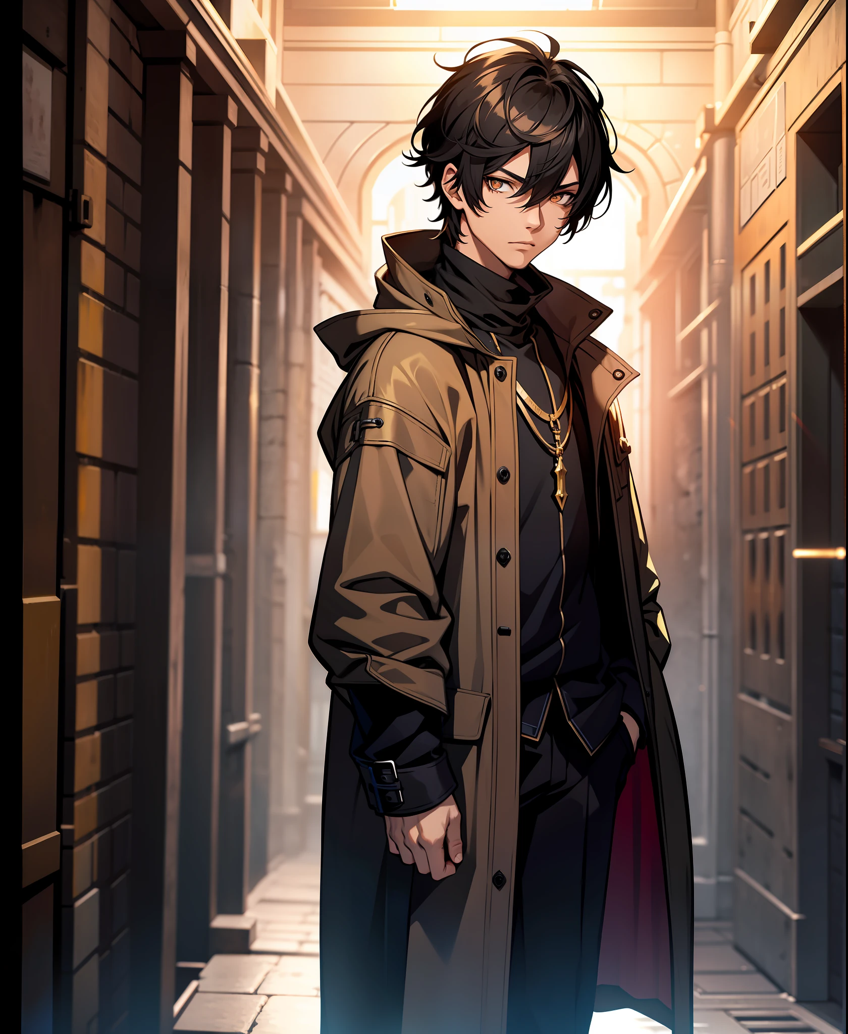 masterpiece, dungeon, 1boy, solo, black hair, golden eyes, cloak, trousers, worth