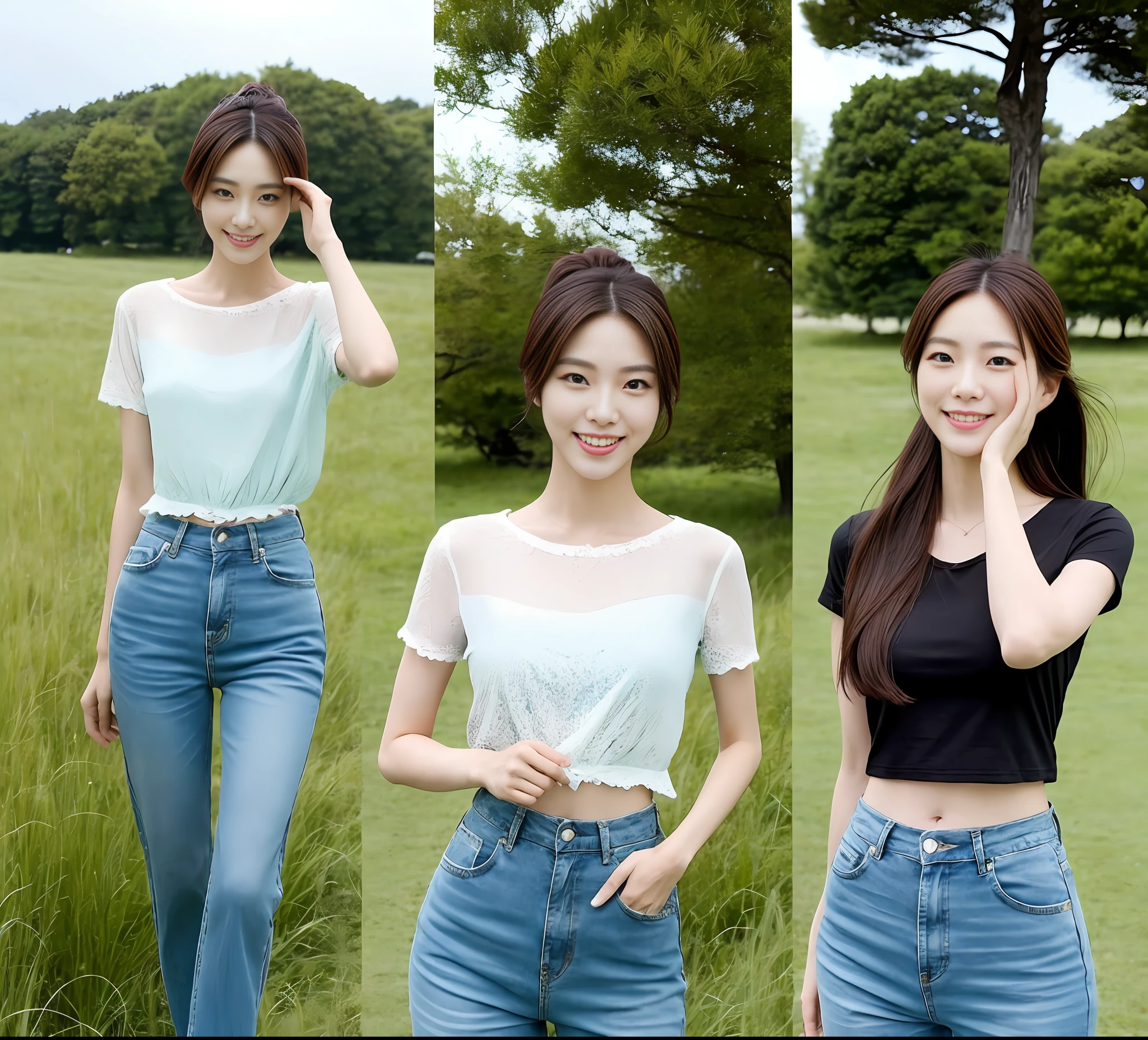 3 Korean women dancing on the grassland, 1.65 meters tall, (masterpiece, beautiful people, smile), Virtual YouTube, but their eyes are firm and hopeful, behind them is a blue sky, some ponytail, some wearing sunglasses, fringed heads, shorts, long pants, detailed skin texture, detailed cloth texture, exquisite and detailed face, intact hands, masterpiece, slender waist, slim body, slim body, camera shot from bottom to top, hands on the back, hat