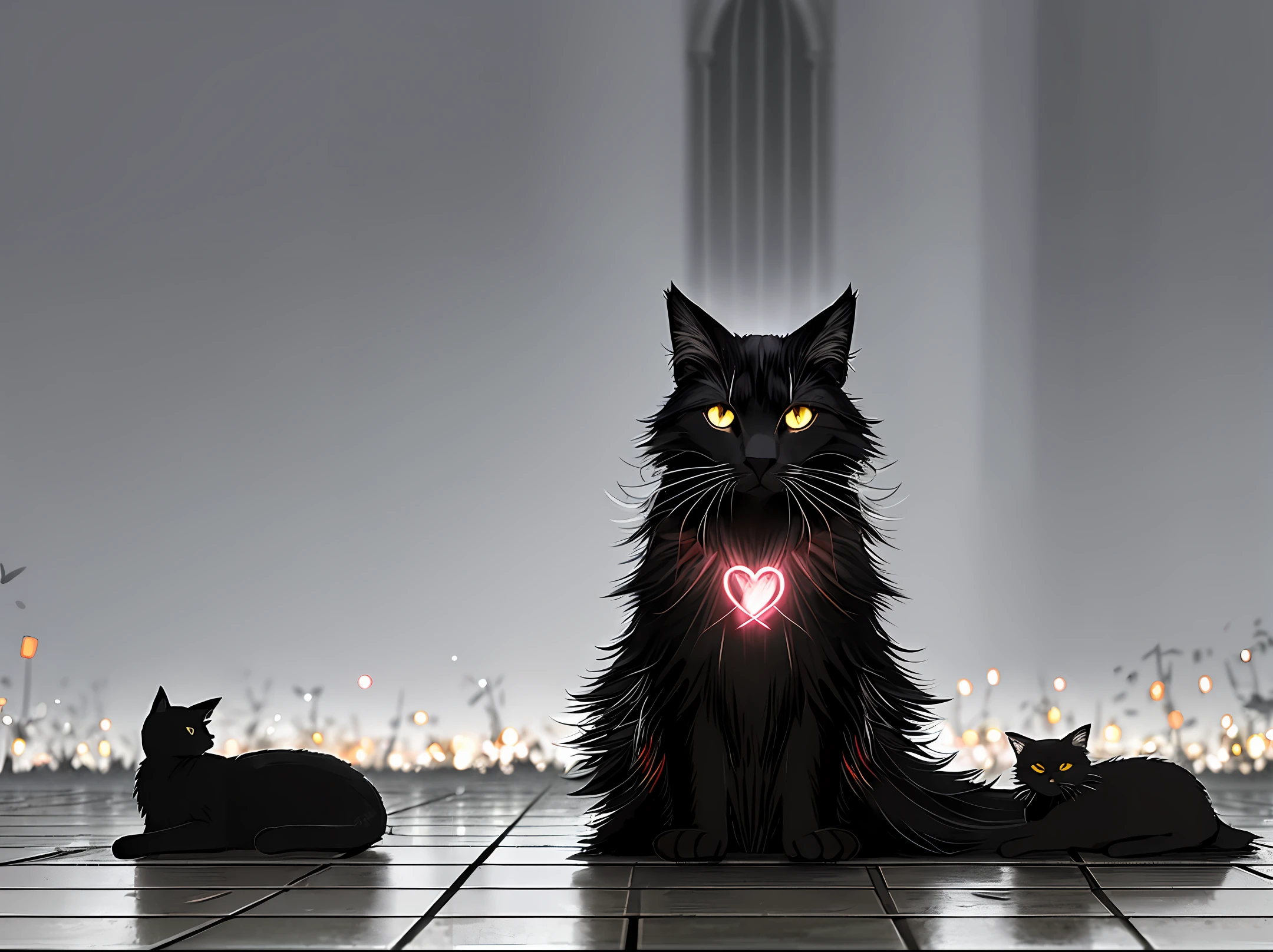 photo of a black cat dressed as a dark wizard casting a fireball spell, the ground is electrified and spark, wizard, wearing black robes, in a gothic church, reflections, darkness, low angle photo, 8k, octane, 2 legs, side light, (runes illuminated on the ground:1.1), flowers in the background, bokeh, sharp focus, garden, roses,  hearts, romantic