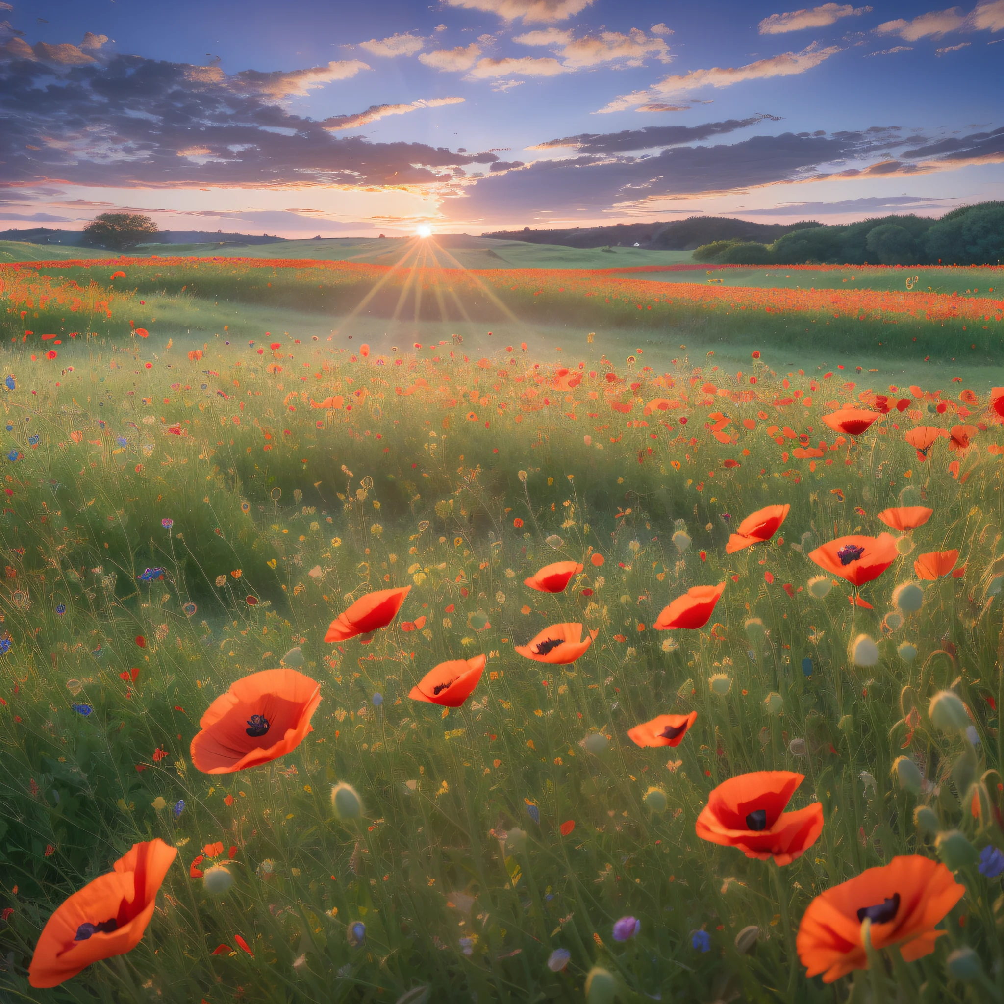 arafed field of red poppies and blue cornflowers at sunset, floral sunset, field of flowers, poppies, red poppies, fields of flowers, flower field, vibrant and vivid, in a field of flowers, field of flowers background, dead but beautiful. poppies, an aesthetic field of flowers, field flowers, field of wild flowers, vivid and vibrant