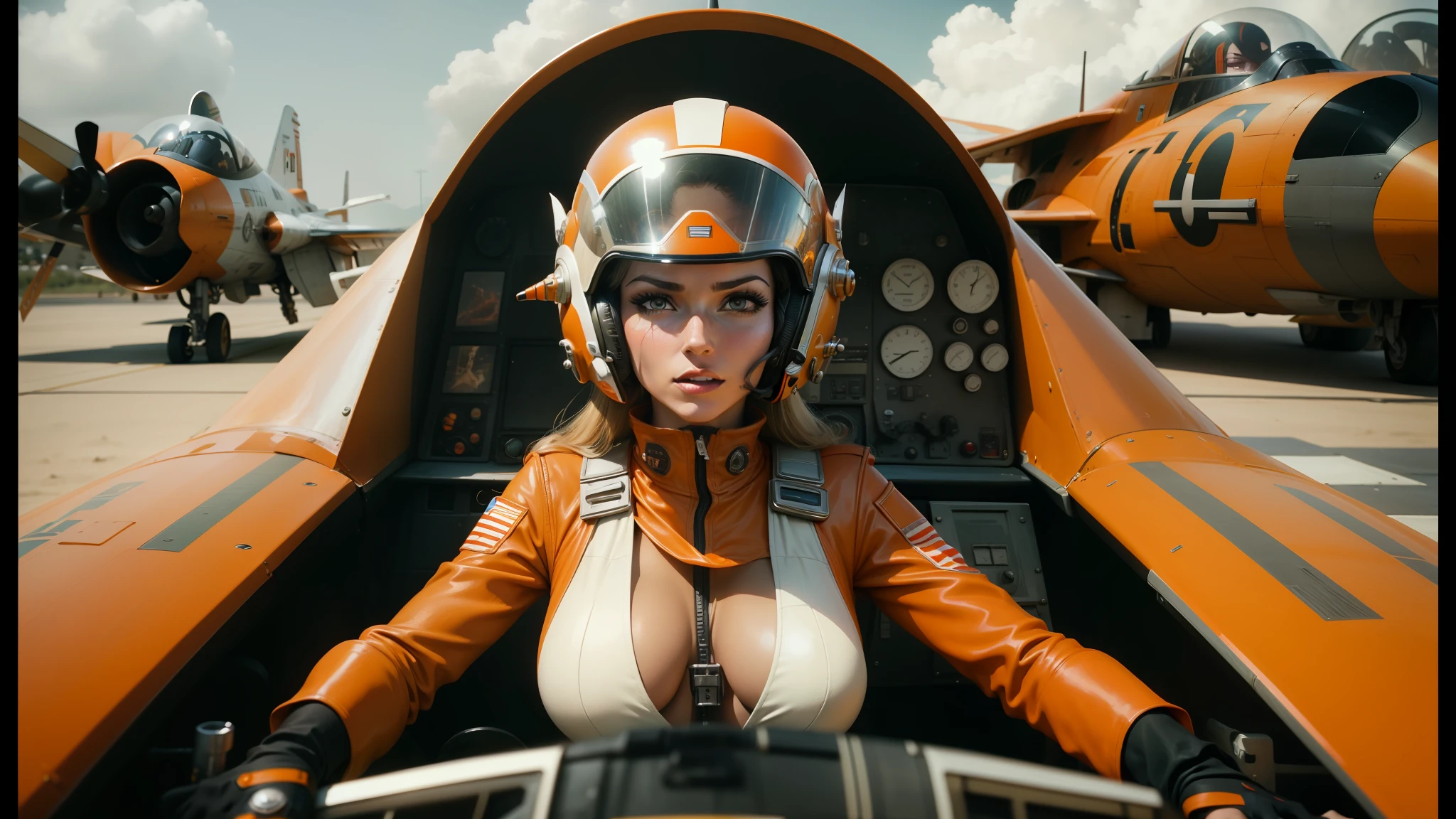arafed woman in a helmet and orange jacket sitting in a cockpit, cinematic goddess body shot, wayne barlow, flying souls, 70's jetfighter pilot girl, luis ricardo falero, video compression, goddamn! plus, 5 0 0 px models, 6 0's, starwars, thunderbird 2, still from anime, cougar