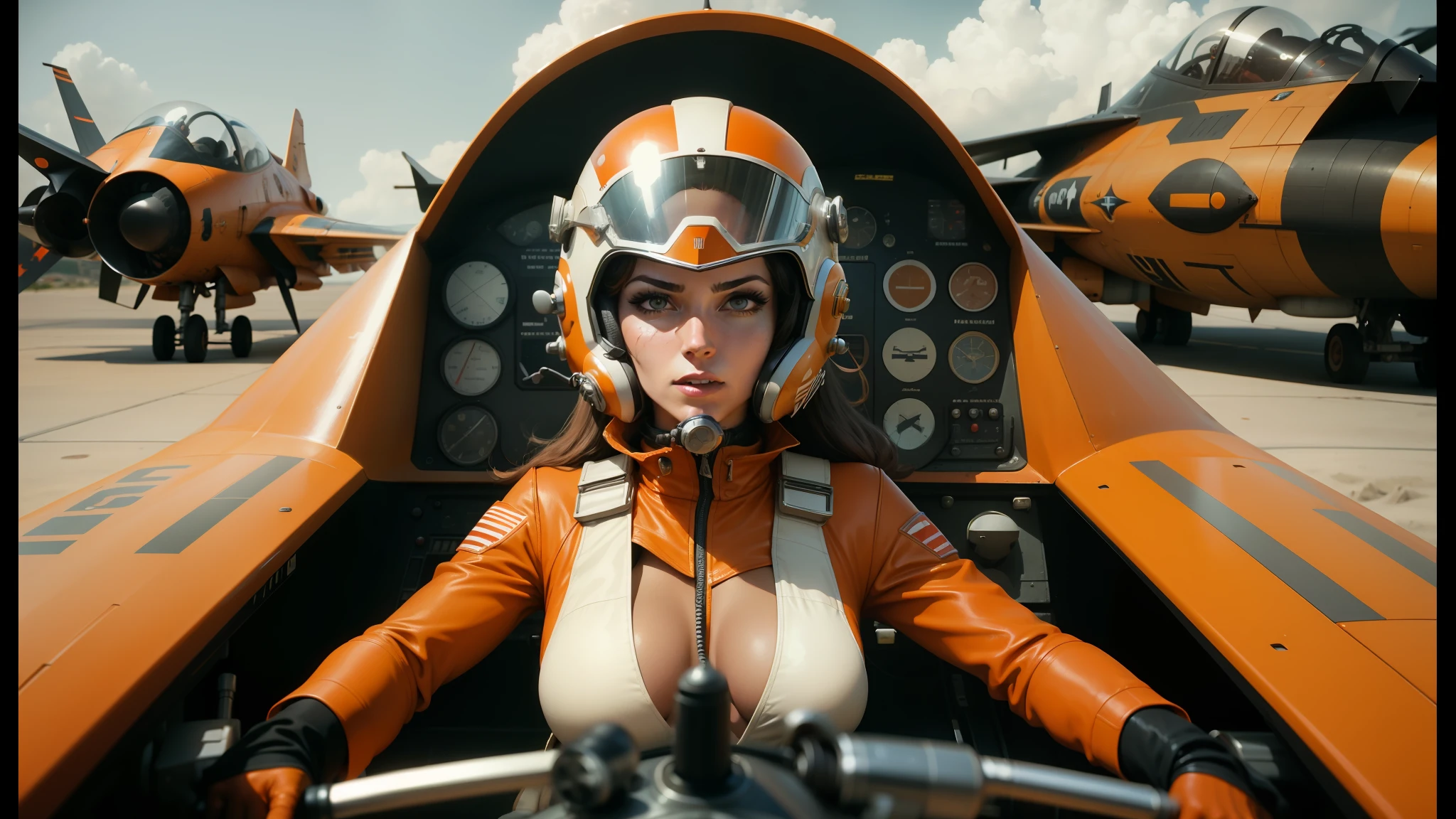 arafed woman in a helmet and orange jacket sitting in a pit, cinematic goddess body shot, wayne barlow, flying souls, 70's jetfighter pilot girl, luis ricardo falero, video compression, goddus, 5 0 0 px models, 6 0's, starwars, thunderbird 2, still from anime, cougar