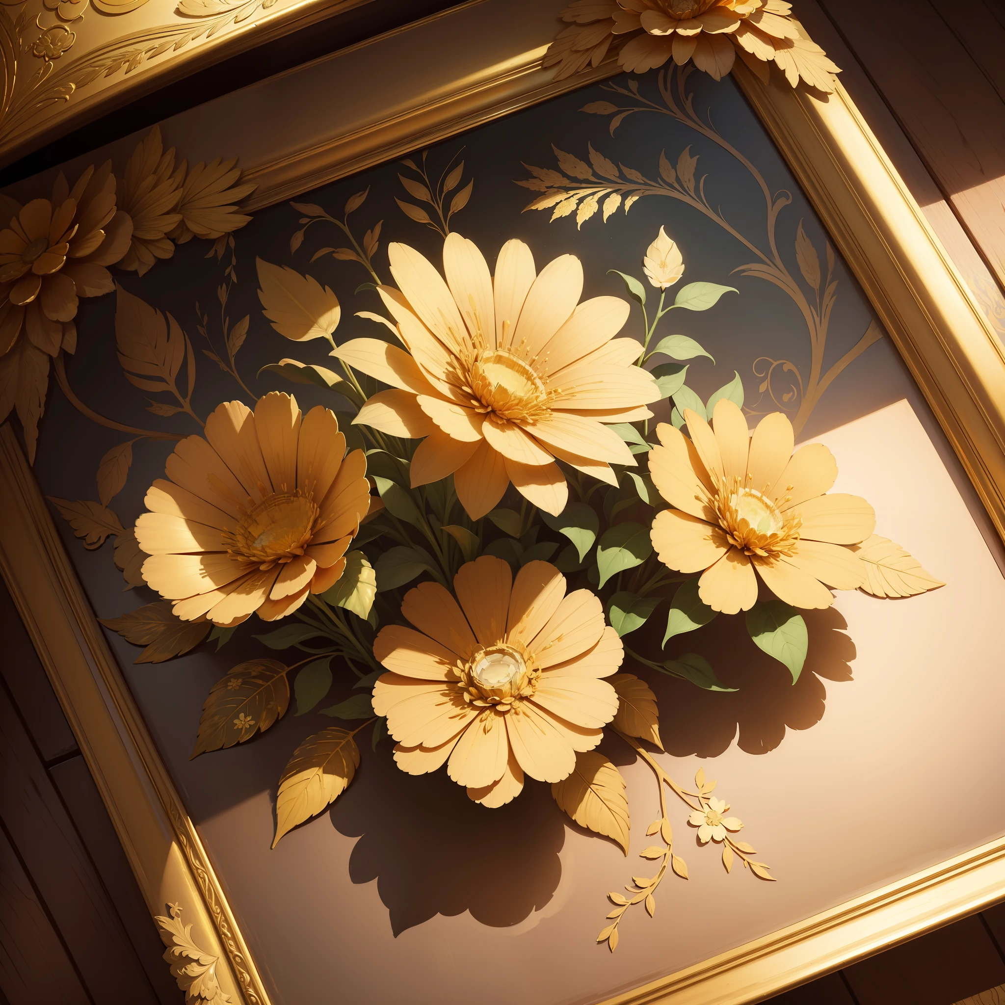 There is a painting of flowers with gold and silver leaves, gold flowers, daisy flowers, flowers and gold, gilded reliefs, detailed flowers, gorgeous flowers, golden flaky flowers, intricate flowers, chaotic gold leaf flowers, detailed 4K oil painting, amazing and rich details, gilded. Floral, floral. Baroque elements, intricate oil paintings