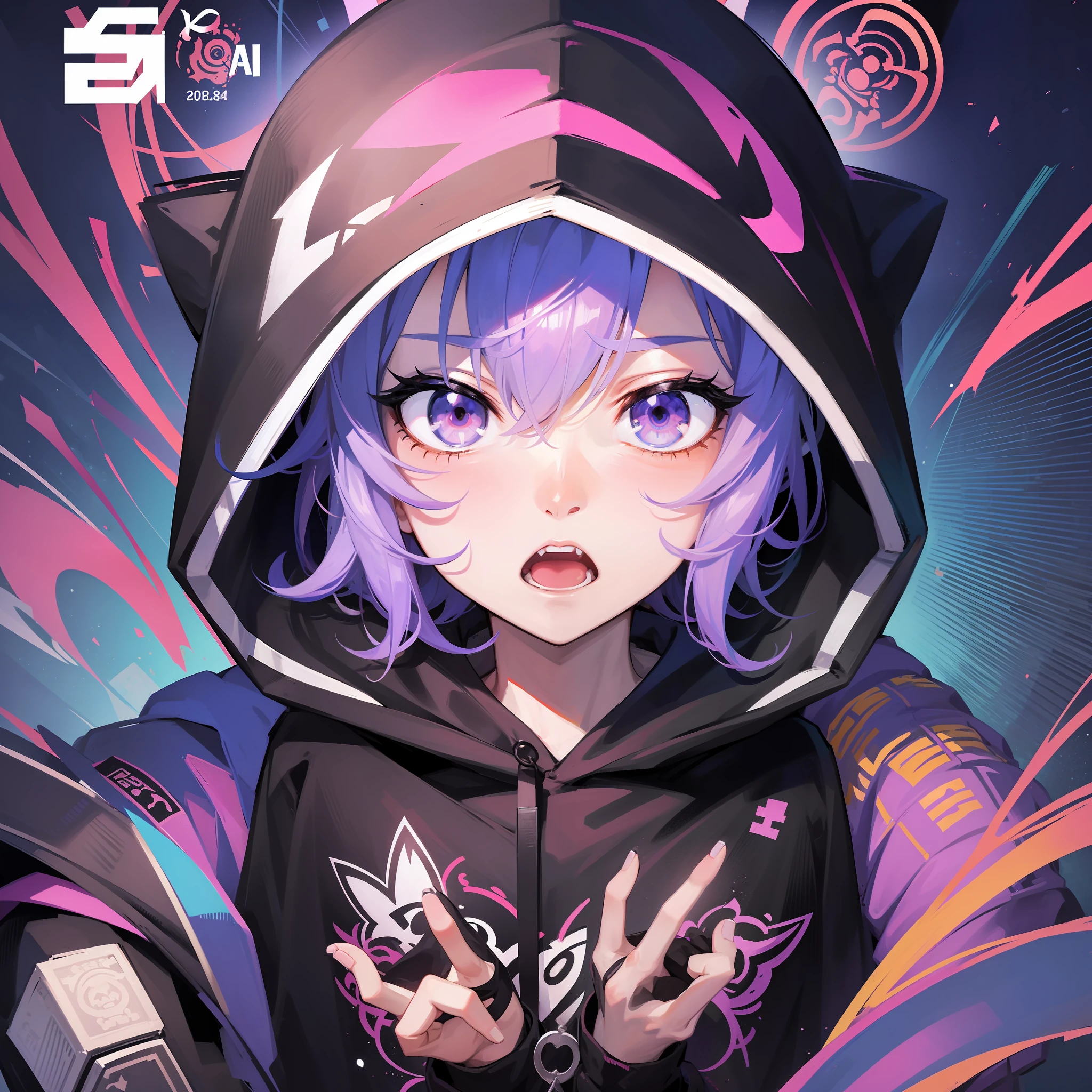 Boy in hoodie, index finger to mouth, facing camera, upper body, tiger sticker, key anime art, projectile on broken digital art, anime art wallpaper 8K, anime style 4K, badass anime 8K