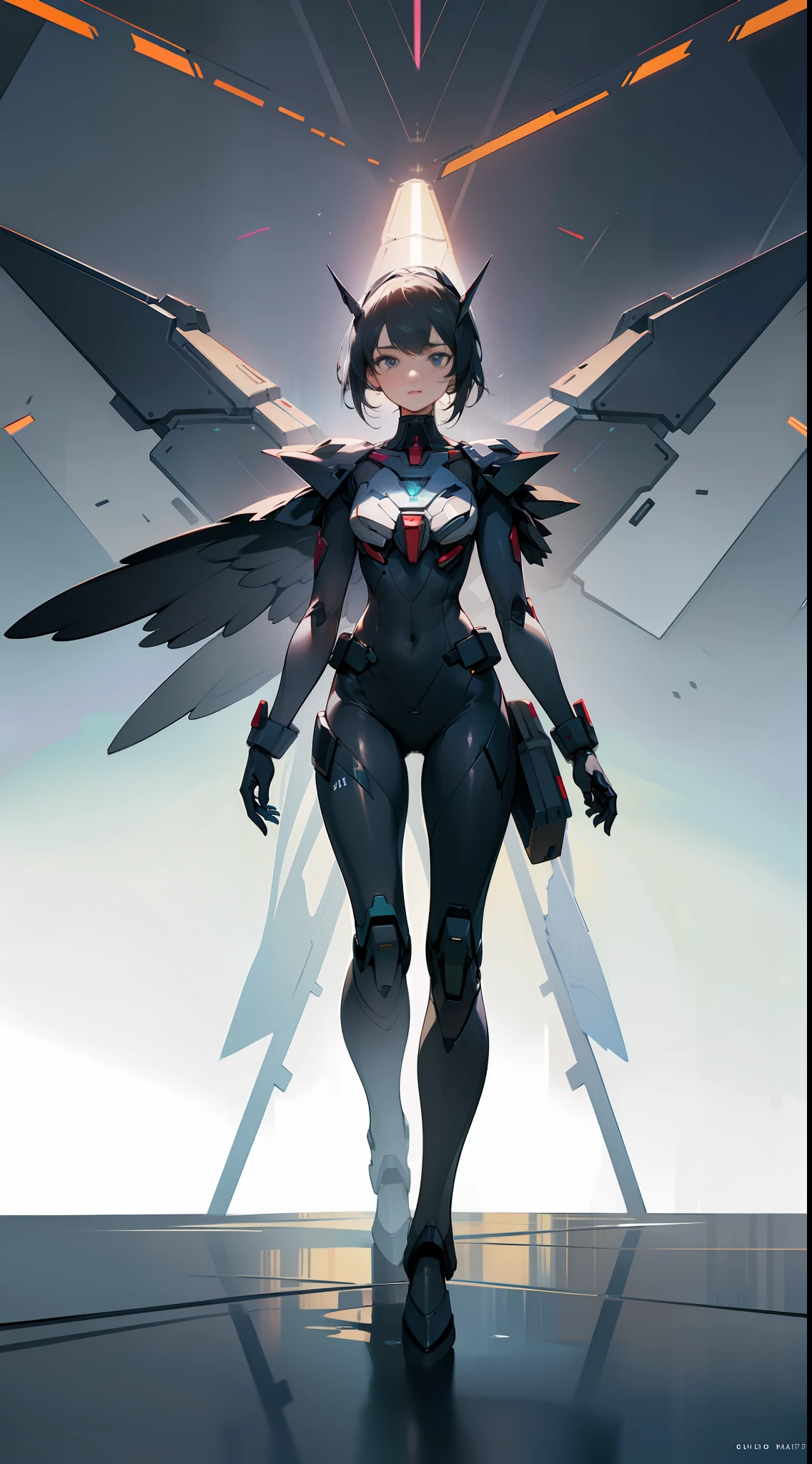 (Realisticity: 1.3), (Fine Detail), Quality, (Masterpiece: 1.2), (Realisticity: 1.2), (Best Quality), (Detailed Skin: 1.3), (Intricate Detail), Ray Tracing, 1girl, Black Mech, Man Controlling Mech, (Hands Down: 1.3), Mecha Full Body, Premium Gundam, A pair of steel wings, (Body painting: 1.1), (Delicate face 1.4)